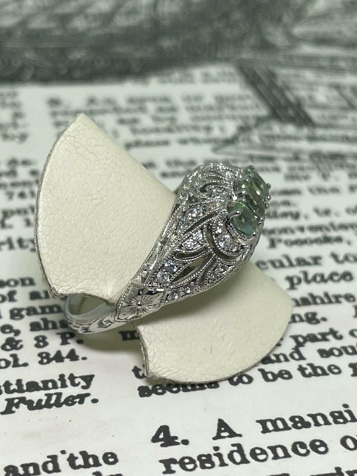 Oval Cut Art Deco Style 3-Stone Green Sapphire (1.00ct) & Cubic Zirconia Silver Ring For Sale
