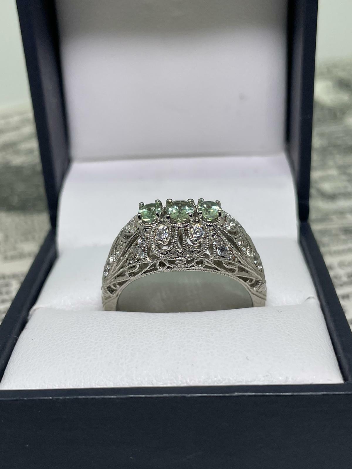 Art Deco Style 3-Stone Green Sapphire (1.00ct) & Cubic Zirconia Silver Ring In Excellent Condition For Sale In MELBOURNE, AU