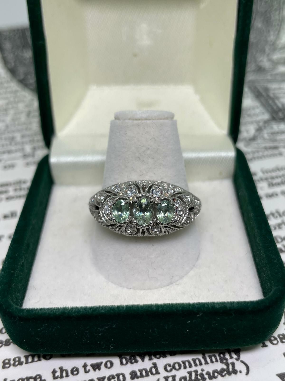Art Deco Style 3-Stone Green Sapphire (1.00ct) & Cubic Zirconia Silver Ring For Sale 3