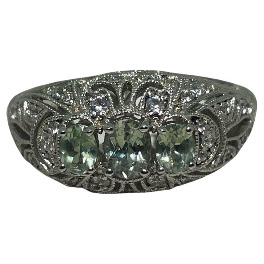 Art Deco Style 3-Stone Green Sapphire (1.00ct) & Cubic Zirconia Silver Ring For Sale