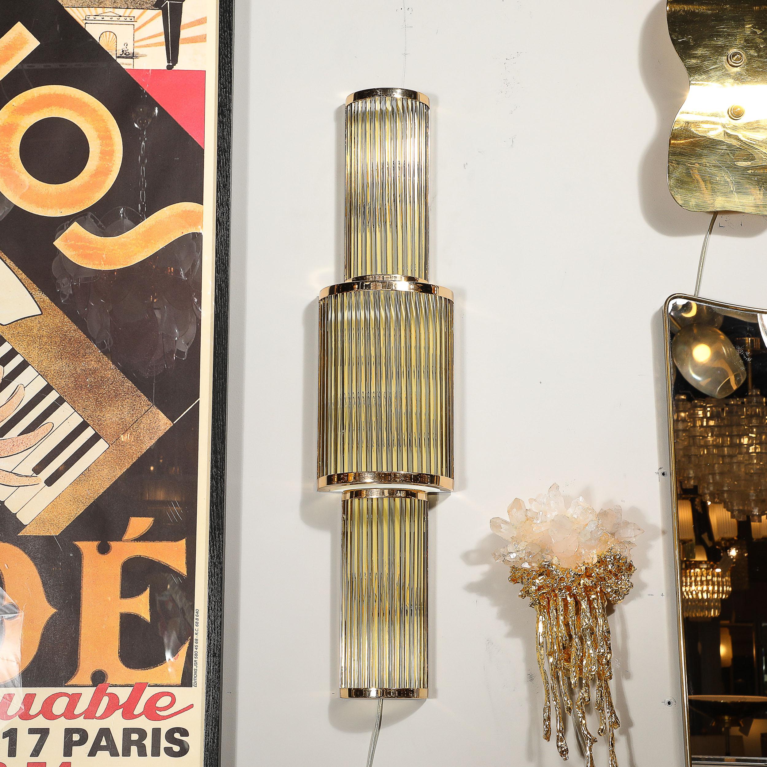 Art Deco Style 3-Tier Polished Brass Hand-Blown Murano Mixed Glass Rod Sconces For Sale 5