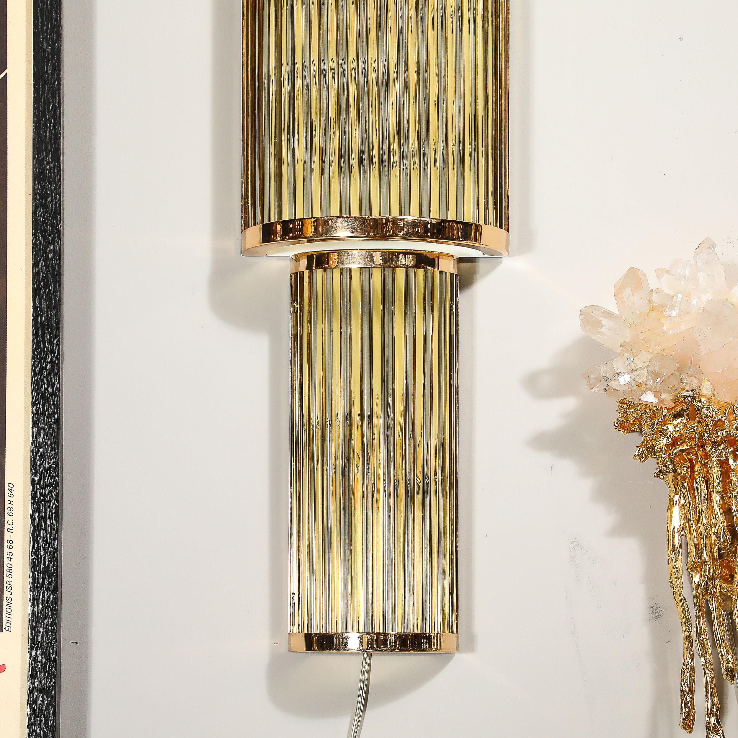 Art Deco Style 3-Tier Polished Brass Hand-Blown Murano Mixed Glass Rod Sconces For Sale 6