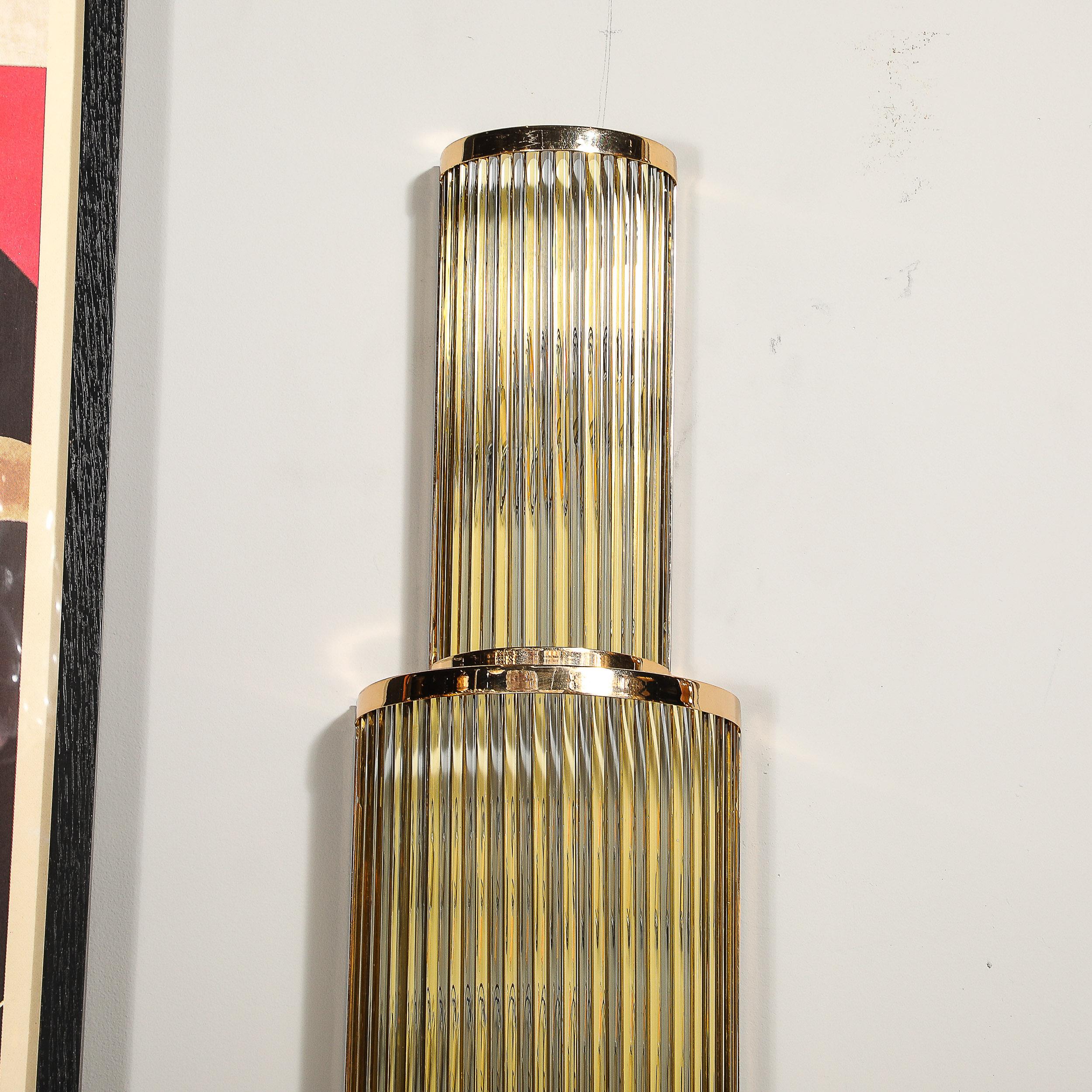 Art Deco Style 3-Tier Polished Brass Hand-Blown Murano Mixed Glass Rod Sconces For Sale 7