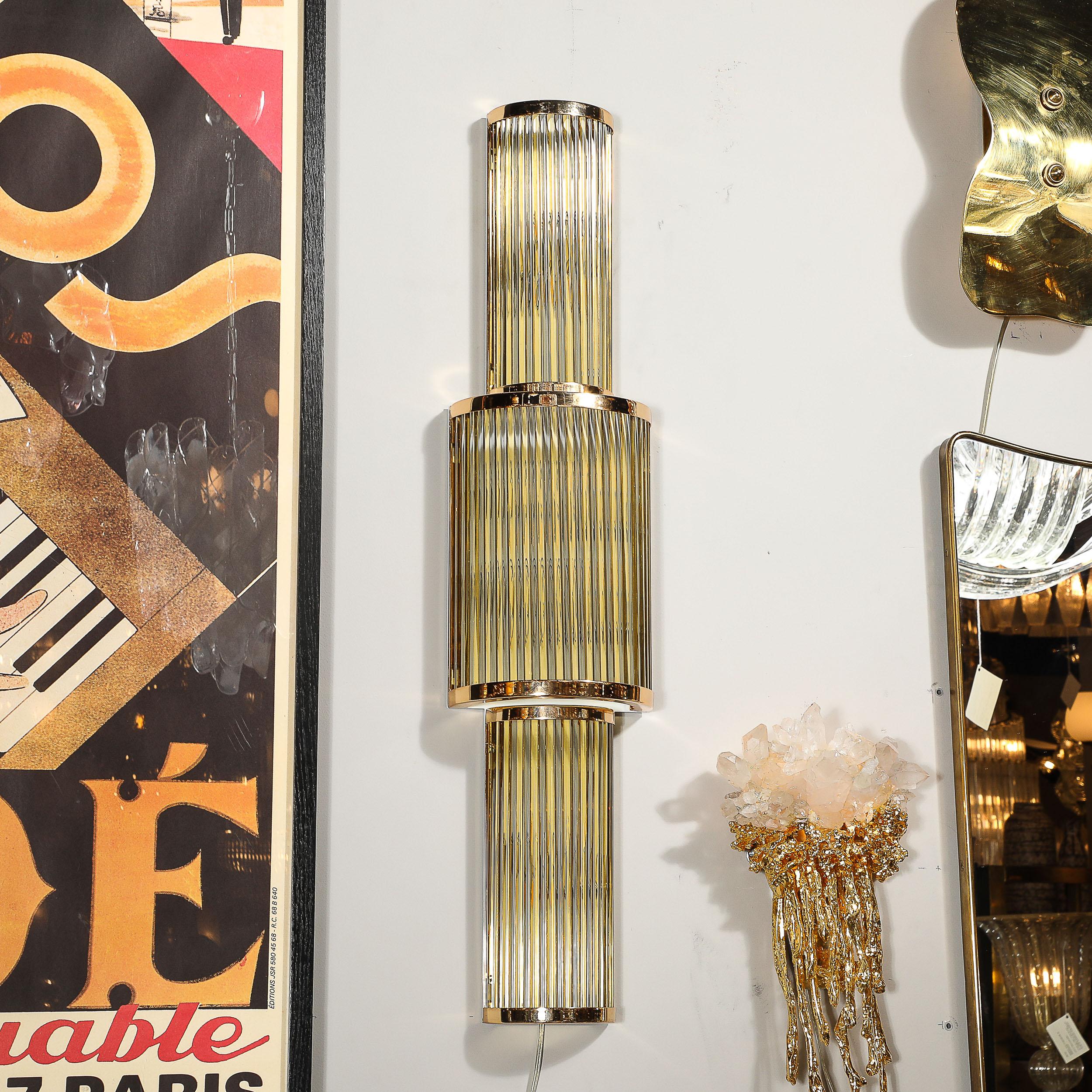 Art Deco Style 3-Tier Polished Brass Hand-Blown Murano Mixed Glass Rod Sconces For Sale 8