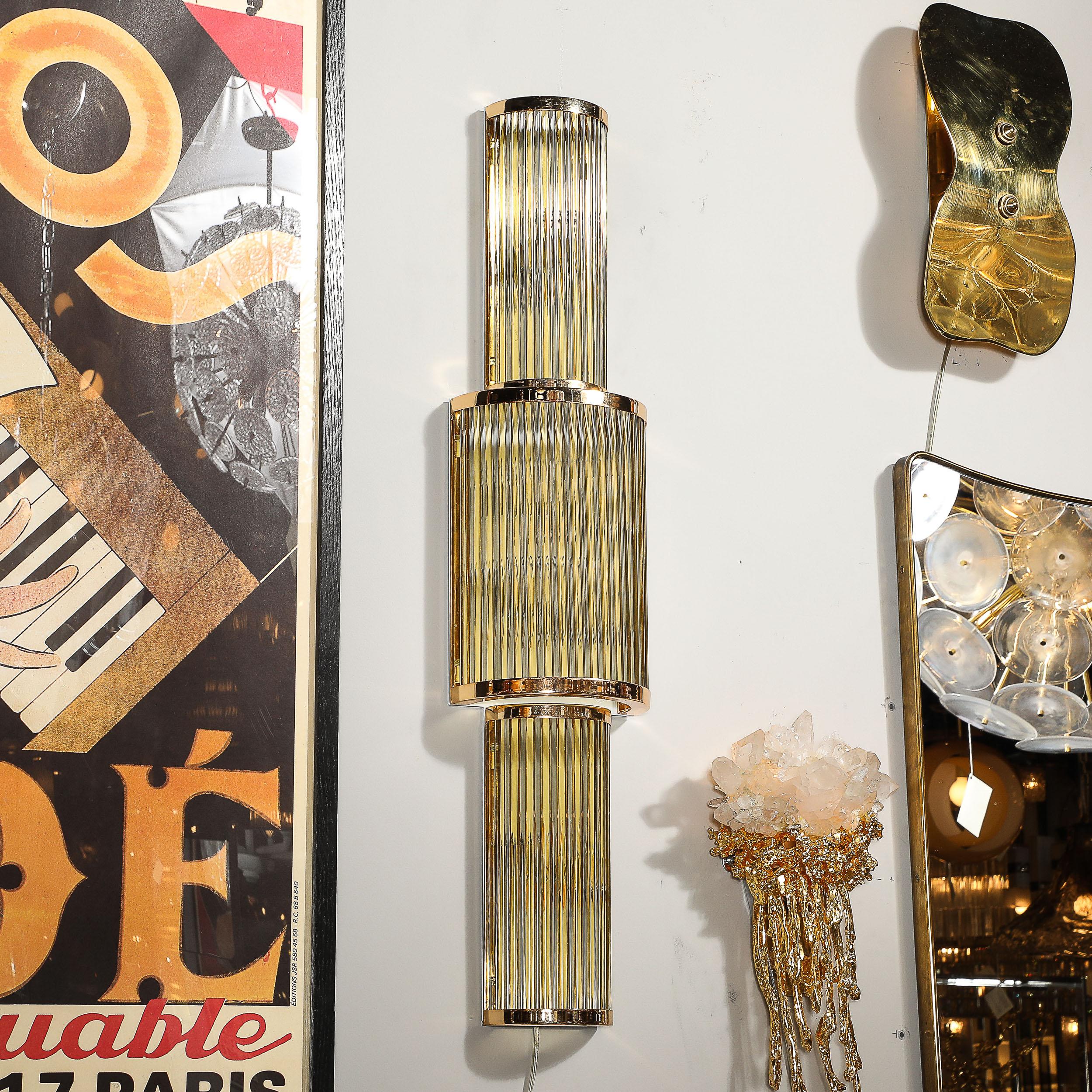 Art Deco Style 3-Tier Polished Brass Hand-Blown Murano Mixed Glass Rod Sconces For Sale 9