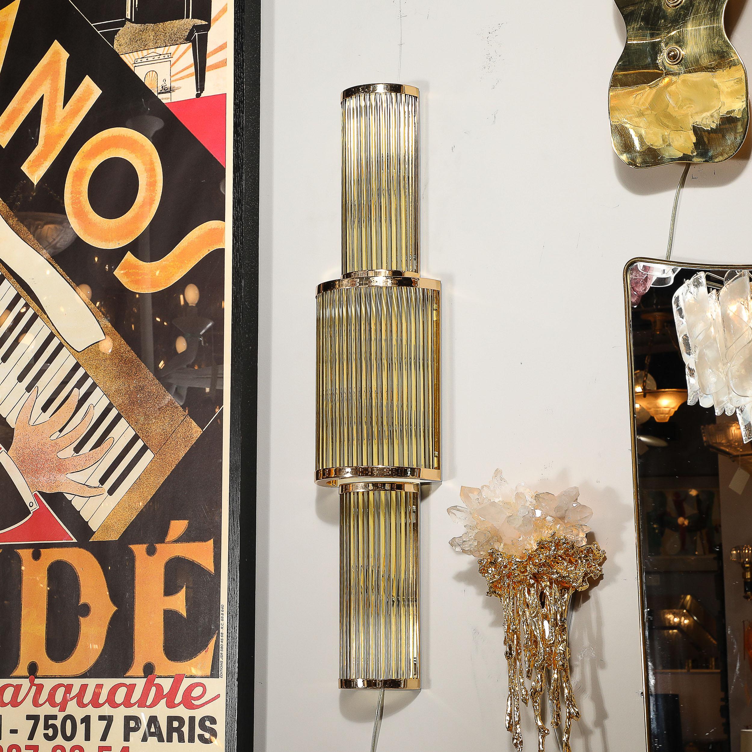 Art Deco Style 3-Tier Polished Brass Hand-Blown Murano Mixed Glass Rod Sconces For Sale 10