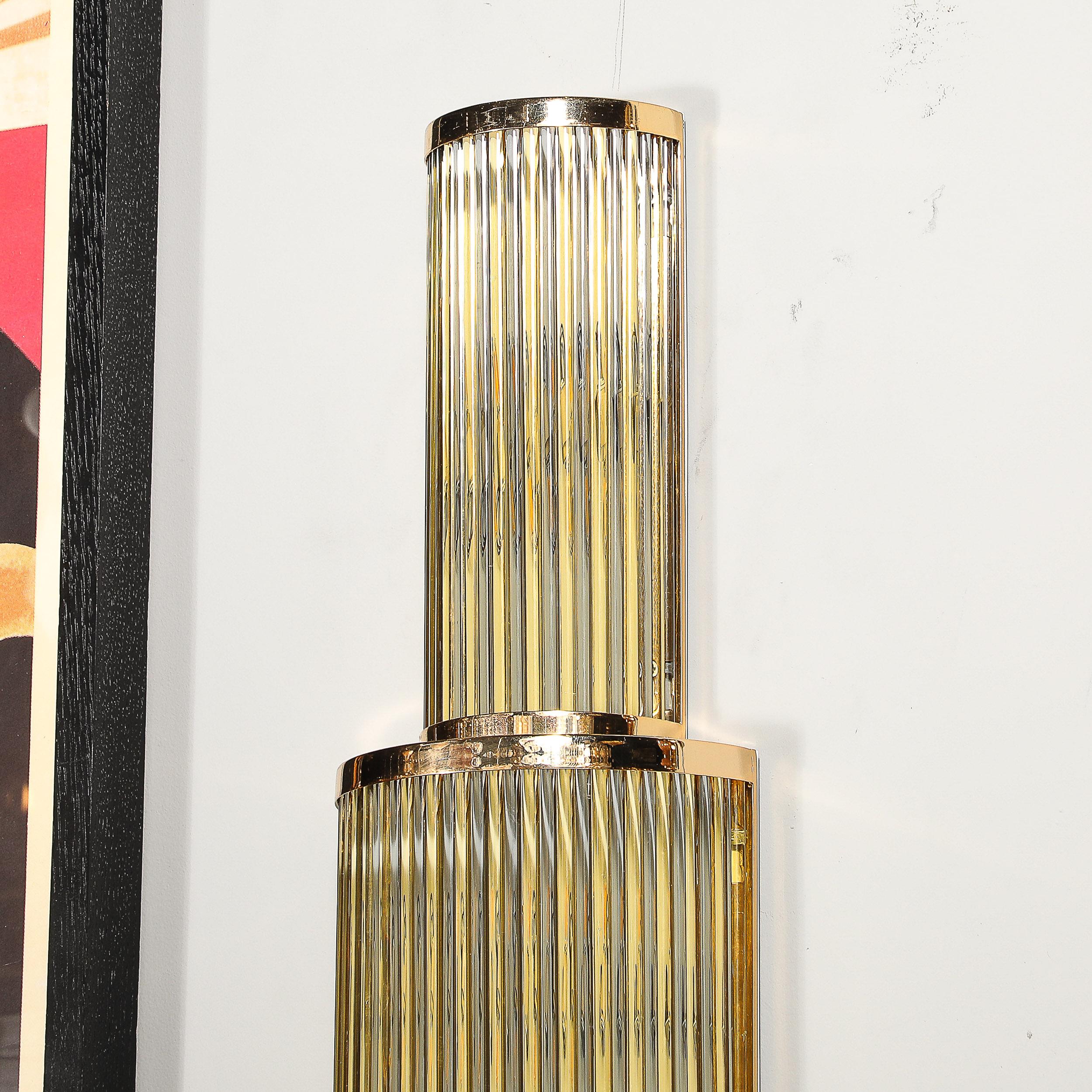 Art Deco Style 3-Tier Polished Brass Hand-Blown Murano Mixed Glass Rod Sconces For Sale 11