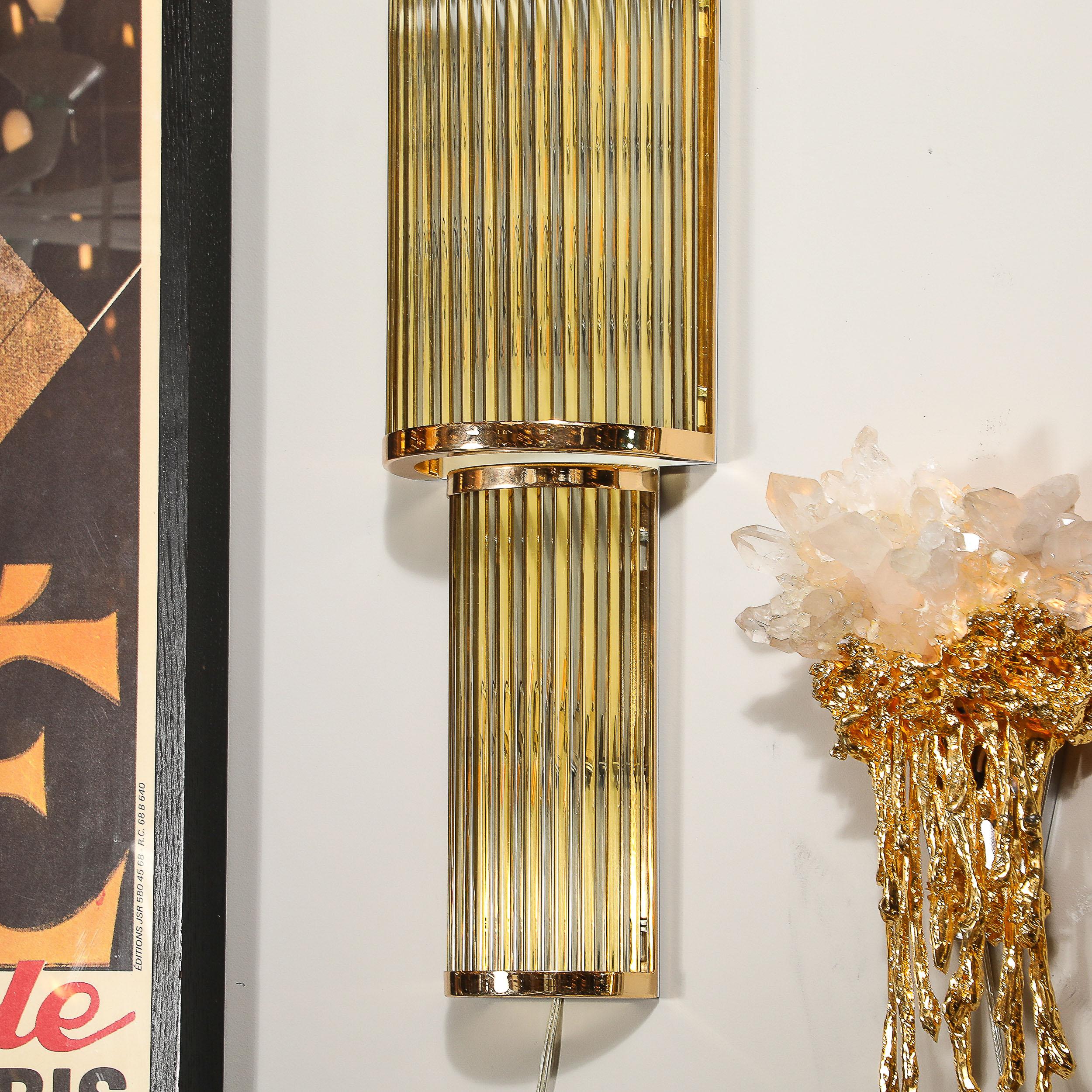 Art Deco Style 3-Tier Polished Brass Hand-Blown Murano Mixed Glass Rod Sconces For Sale 12