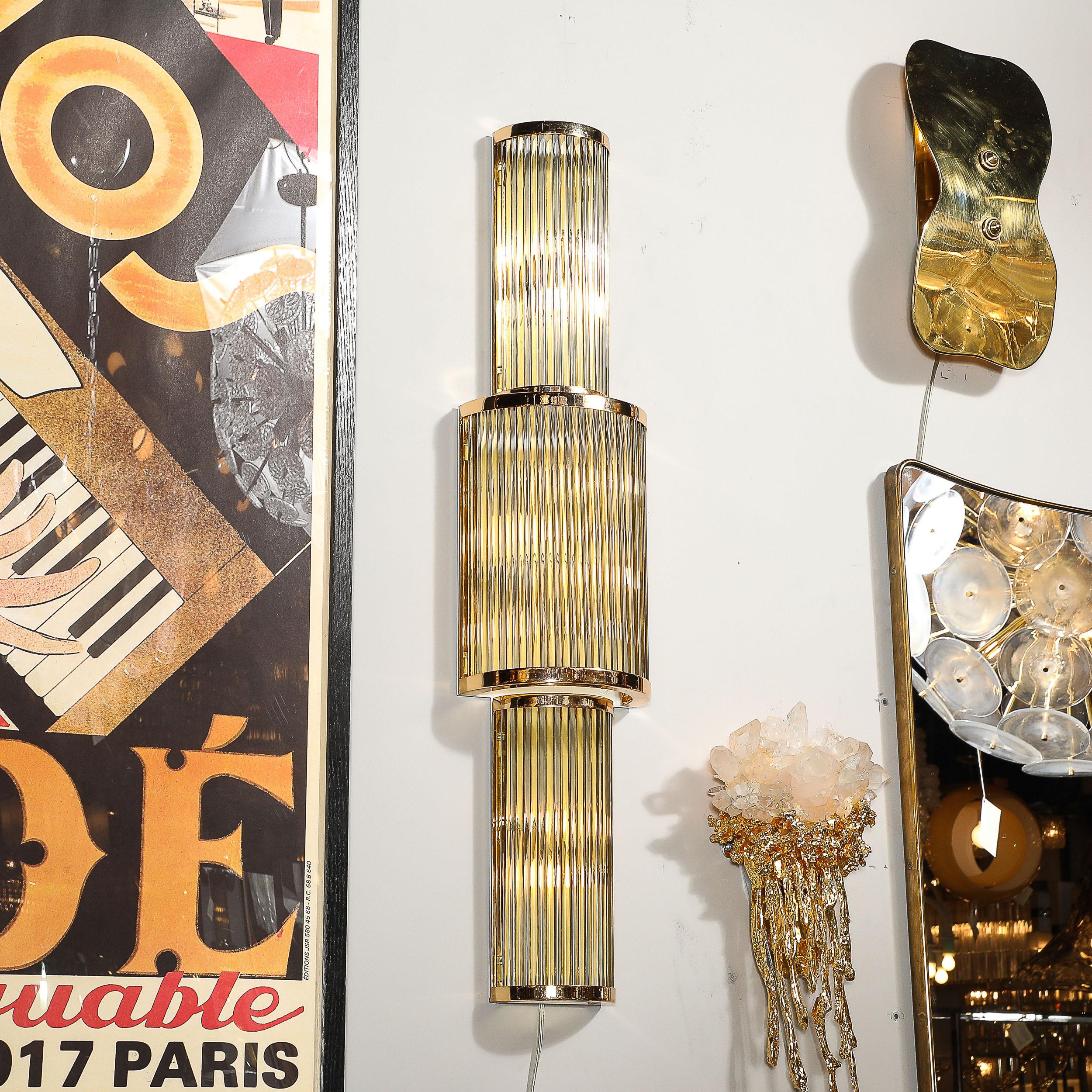 Italian Art Deco Style 3-Tier Polished Brass Hand-Blown Murano Mixed Glass Rod Sconces For Sale