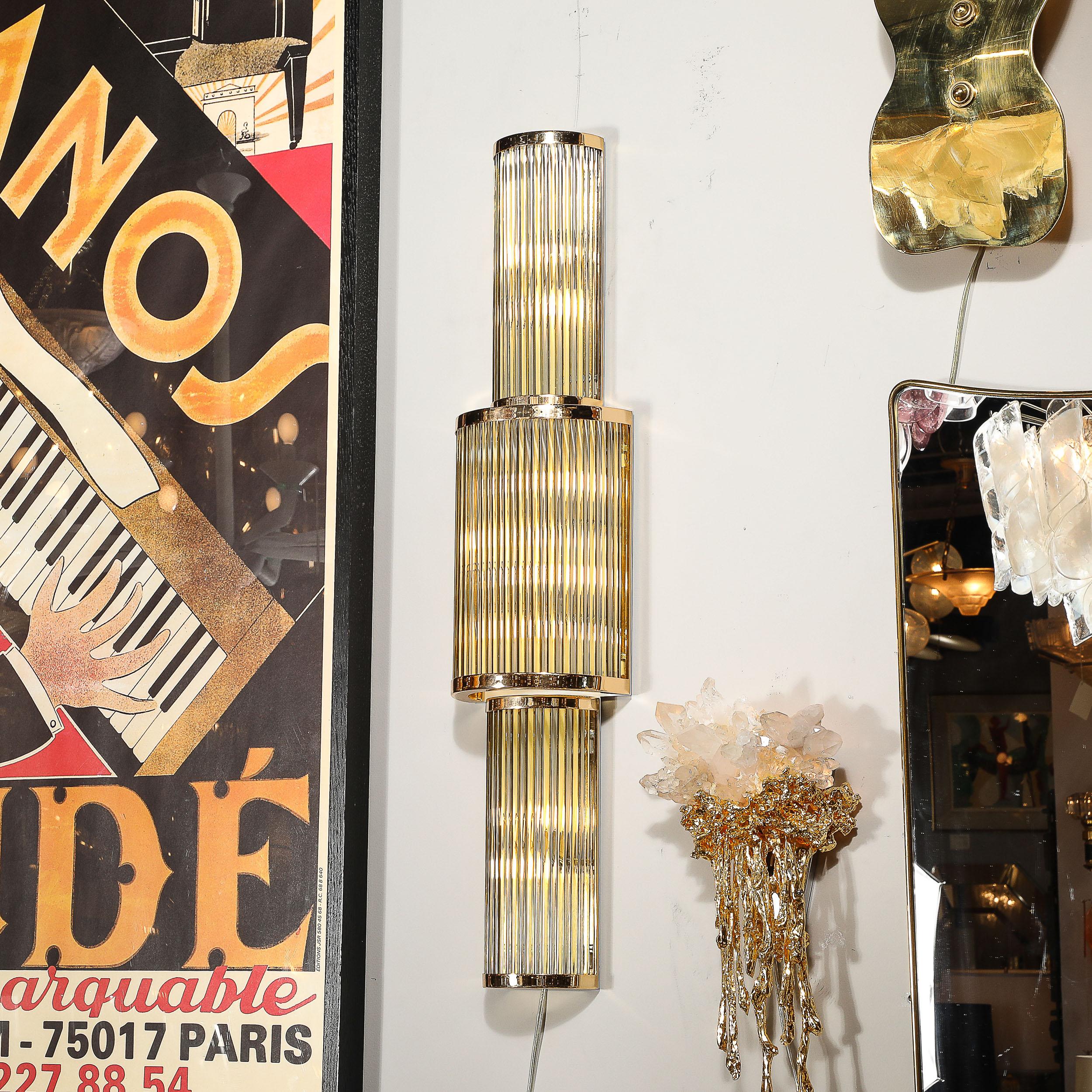 Art Deco Style 3-Tier Polished Brass Hand-Blown Murano Mixed Glass Rod Sconces In Excellent Condition For Sale In New York, NY