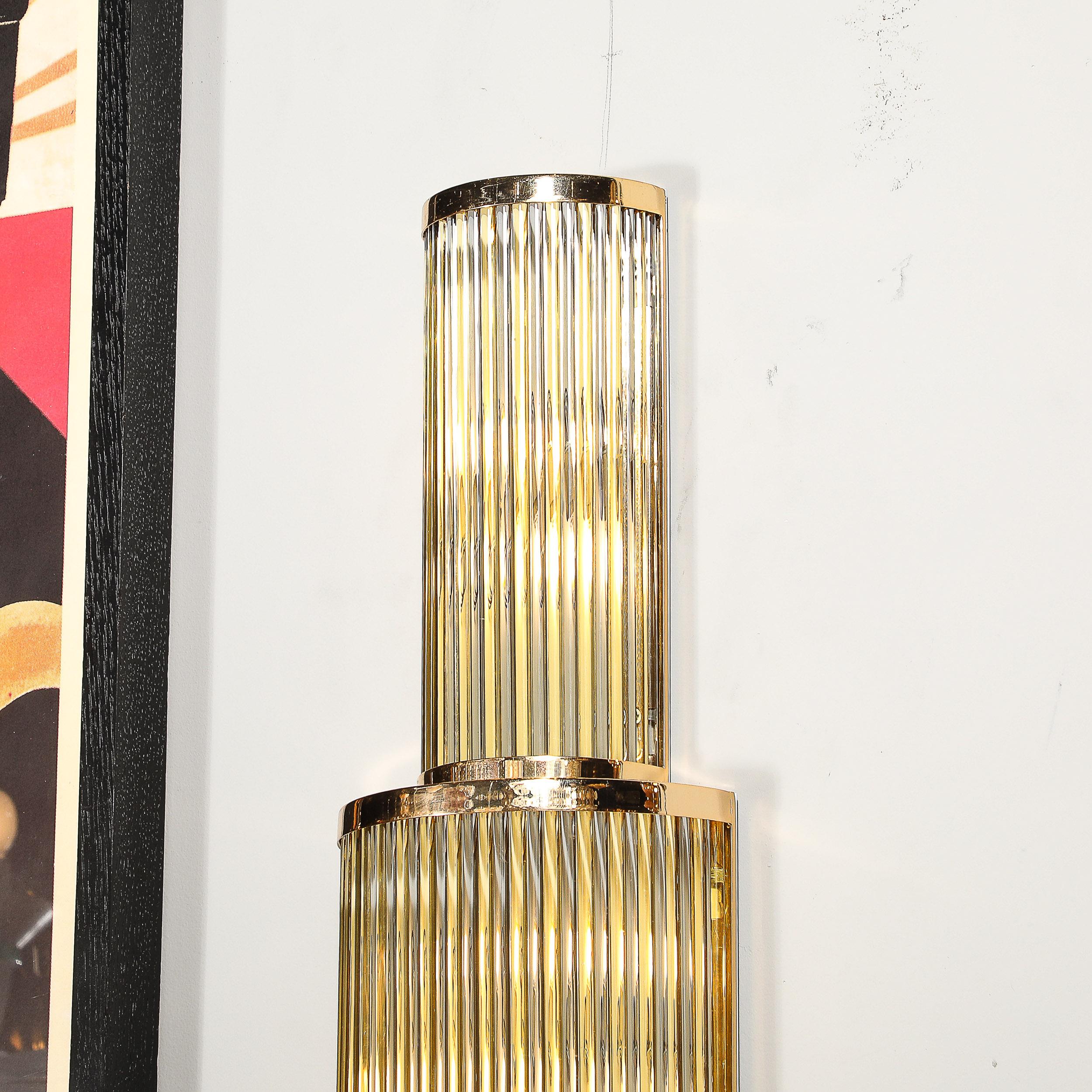 20th Century Art Deco Style 3-Tier Polished Brass Hand-Blown Murano Mixed Glass Rod Sconces For Sale