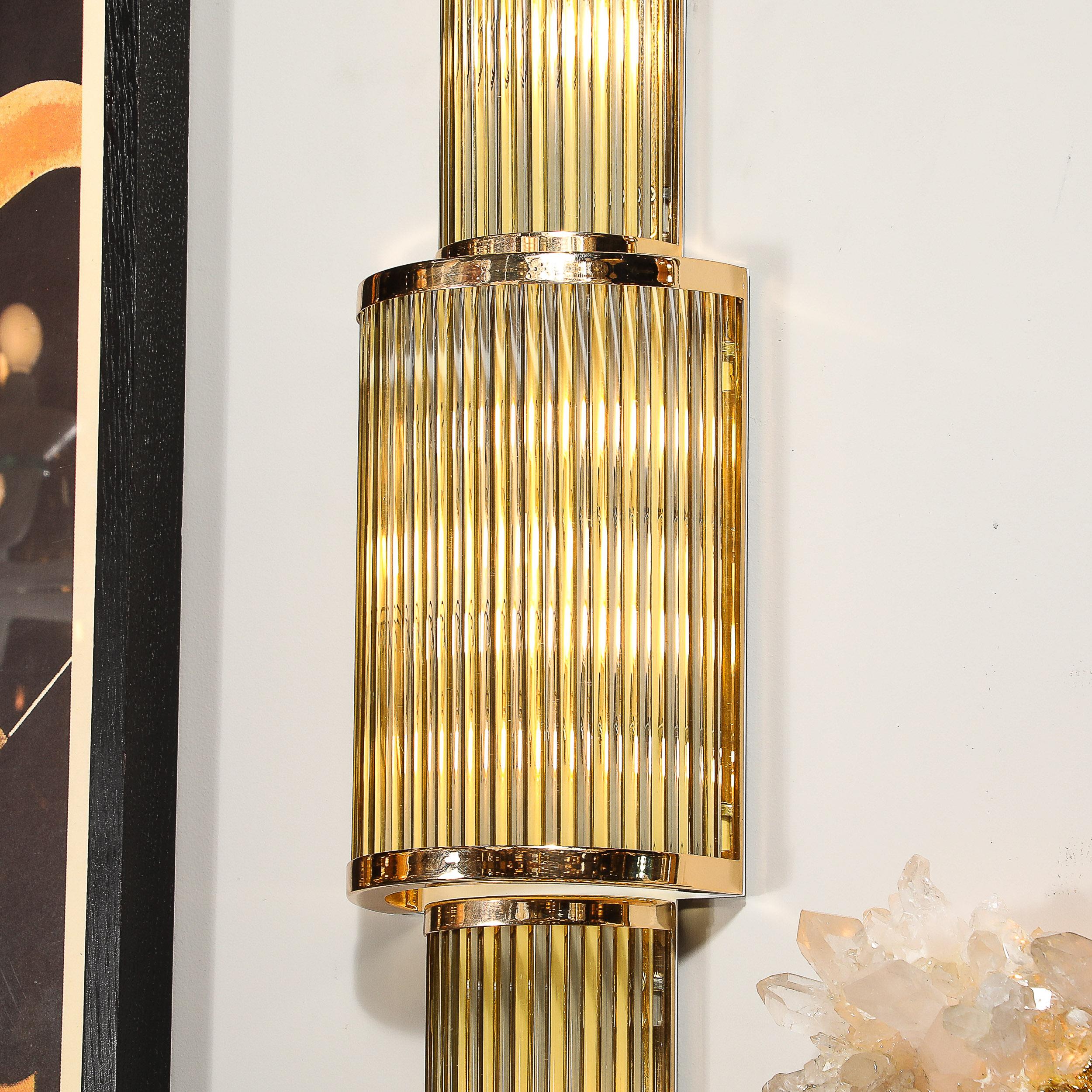 Art Deco Style 3-Tier Polished Brass Hand-Blown Murano Mixed Glass Rod Sconces For Sale 1