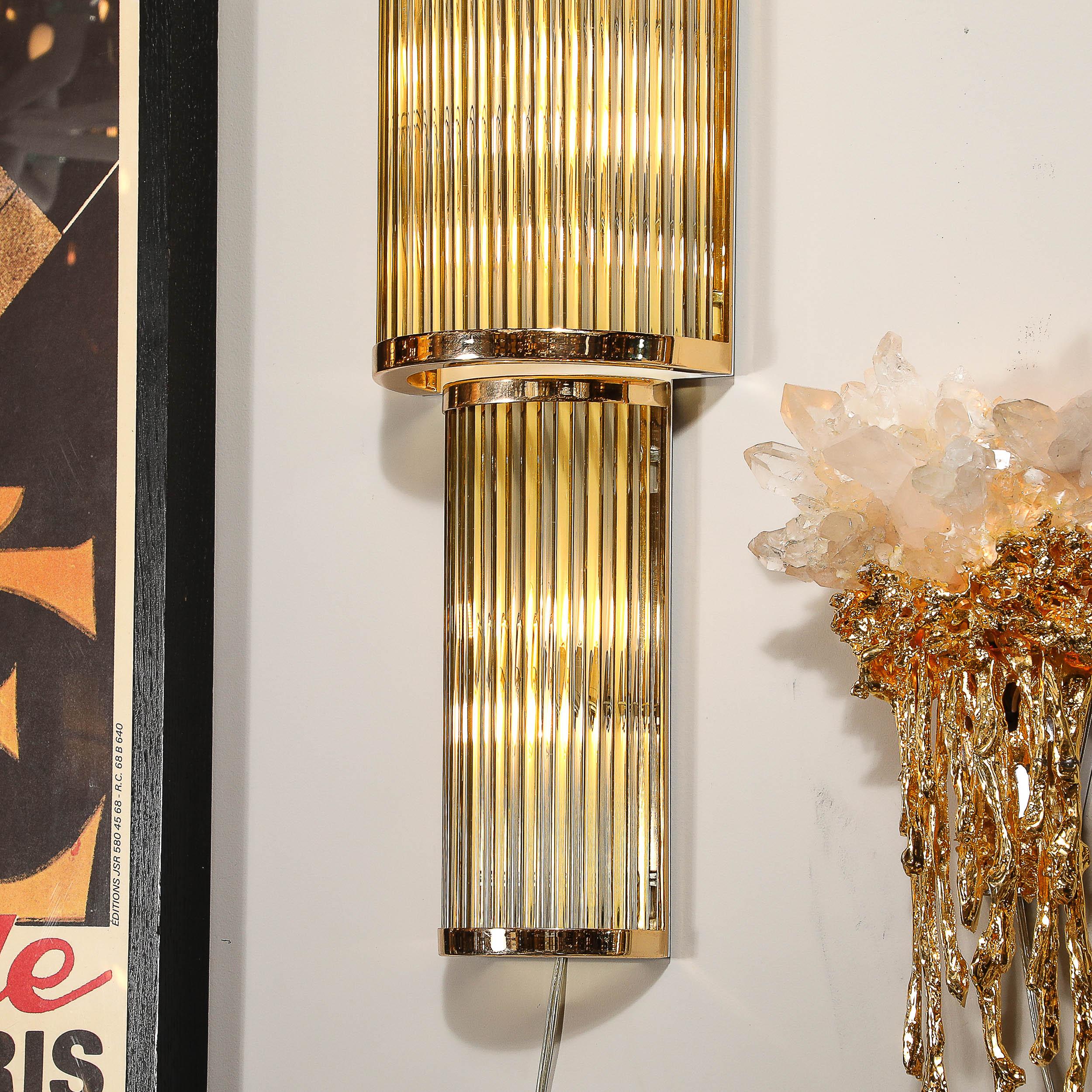 Art Deco Style 3-Tier Polished Brass Hand-Blown Murano Mixed Glass Rod Sconces For Sale 2