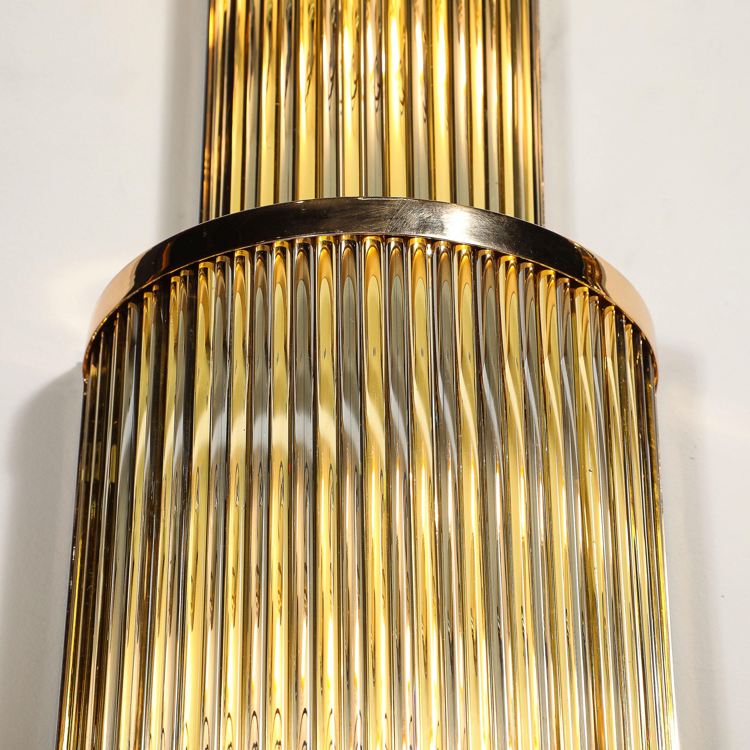 Art Deco Style 3-Tier Polished Brass Hand-Blown Murano Mixed Glass Rod Sconces For Sale 4