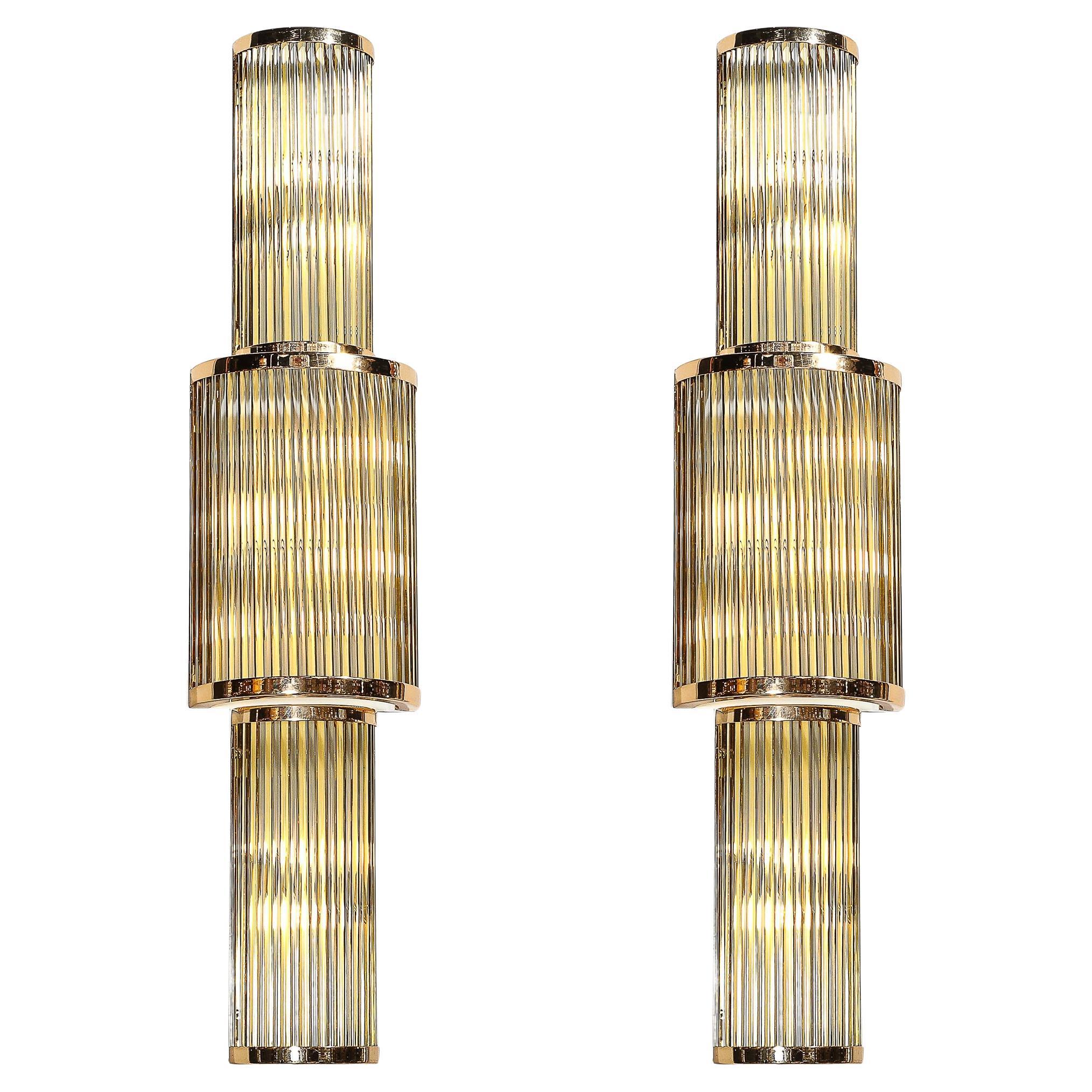 Art Deco Style 3-Tier Polished Brass Hand-Blown Murano Mixed Glass Rod Sconces For Sale