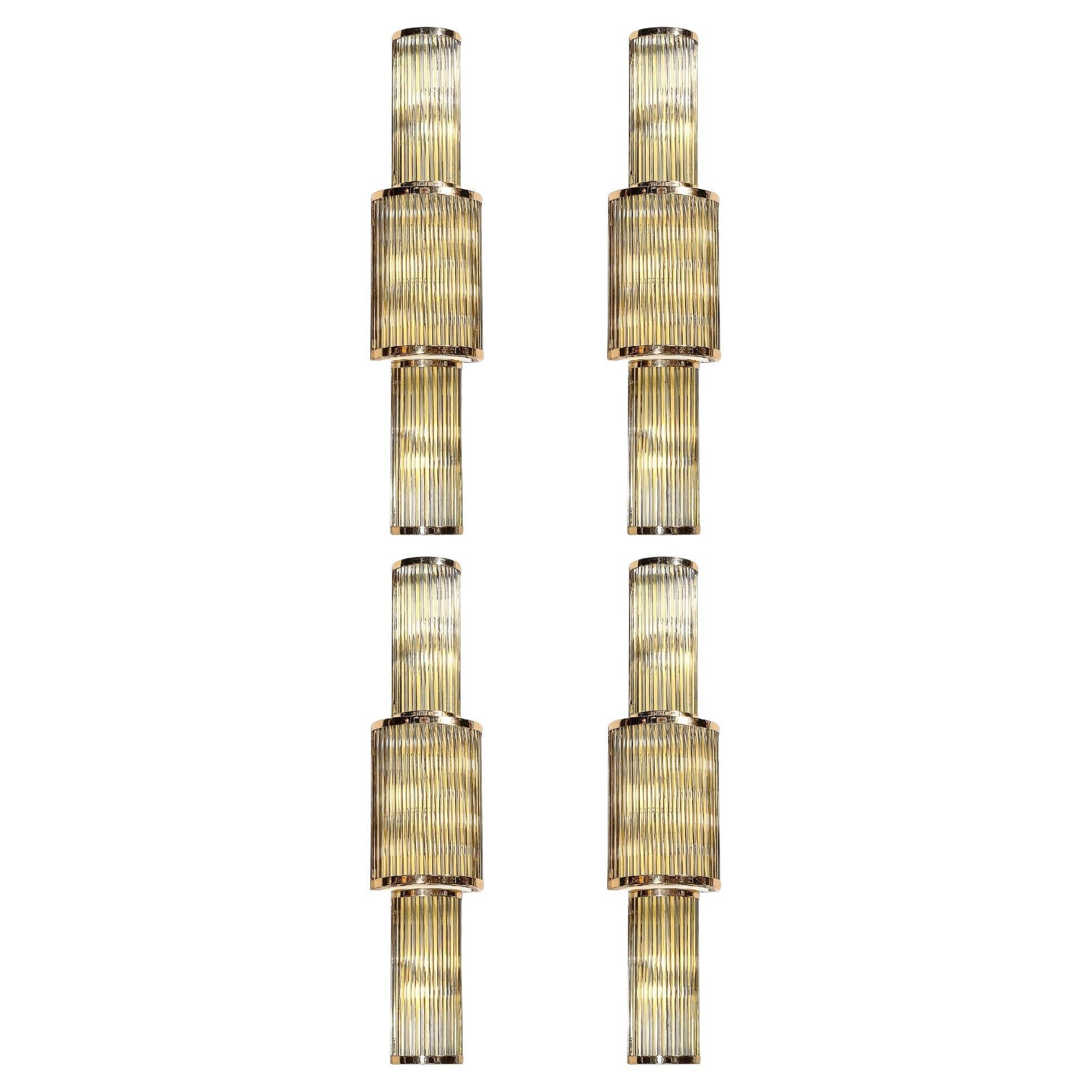 Set of Four Art Deco Style 3-Tier Polished Brass Murano Mixed Glass Rod Sconces For Sale