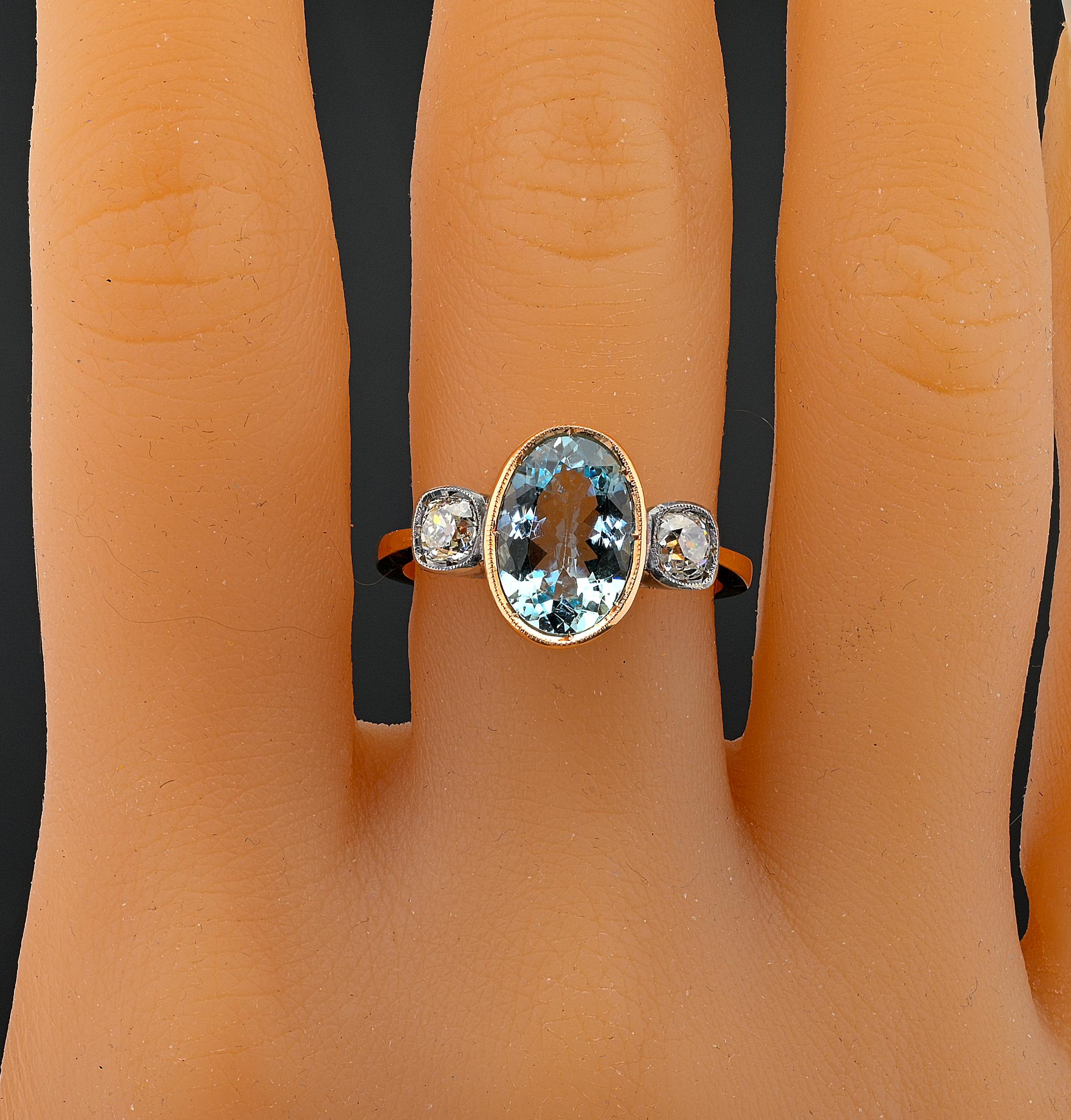 Art Deco Style 3.00 Ct Natural Aquamarine .50 Ct Old Mine Diamond Trilogy Ring For Sale 5