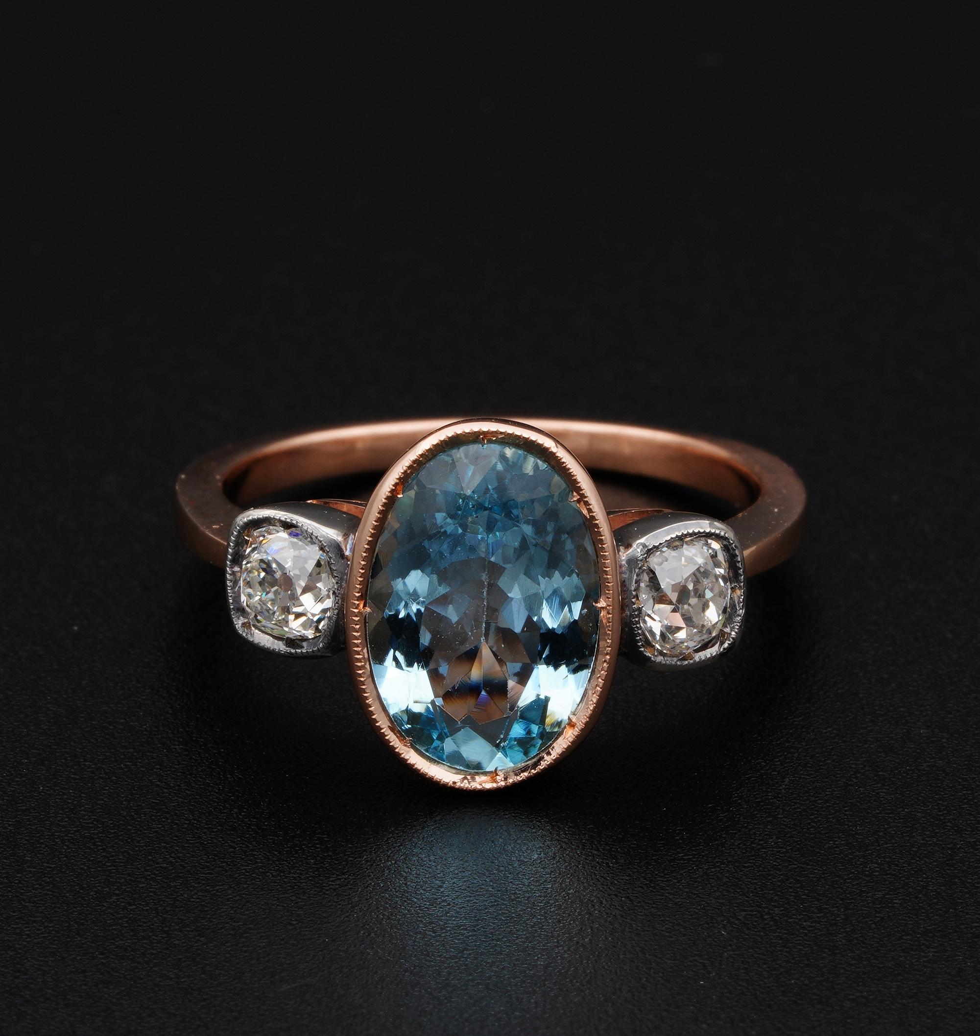 The Deco Must
Traditional Art Deco style three stone, Natural Aquamarine Diamond classic version of Trilogy ring
Dating 1920 ca, beautifully hand crafted of solid 18 KT gold with Silver portion over gold
Centrally set with a beautiful bright and