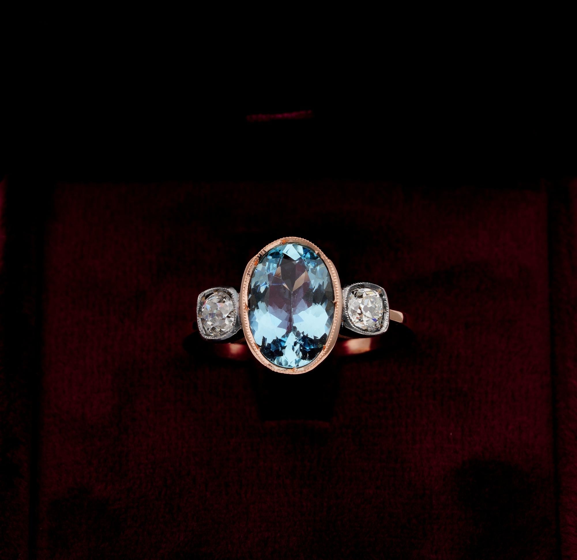 Oval Cut Art Deco Style 3.00 Ct Natural Aquamarine .50 Ct Old Mine Diamond Trilogy Ring For Sale