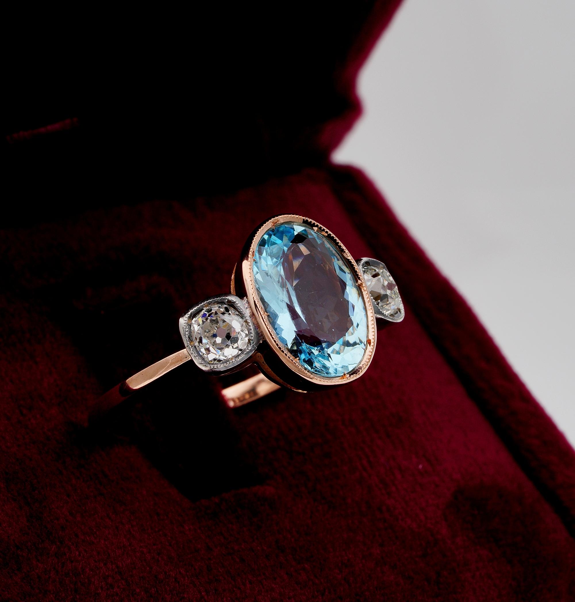 Women's or Men's Art Deco Style 3.00 Ct Natural Aquamarine .50 Ct Old Mine Diamond Trilogy Ring For Sale
