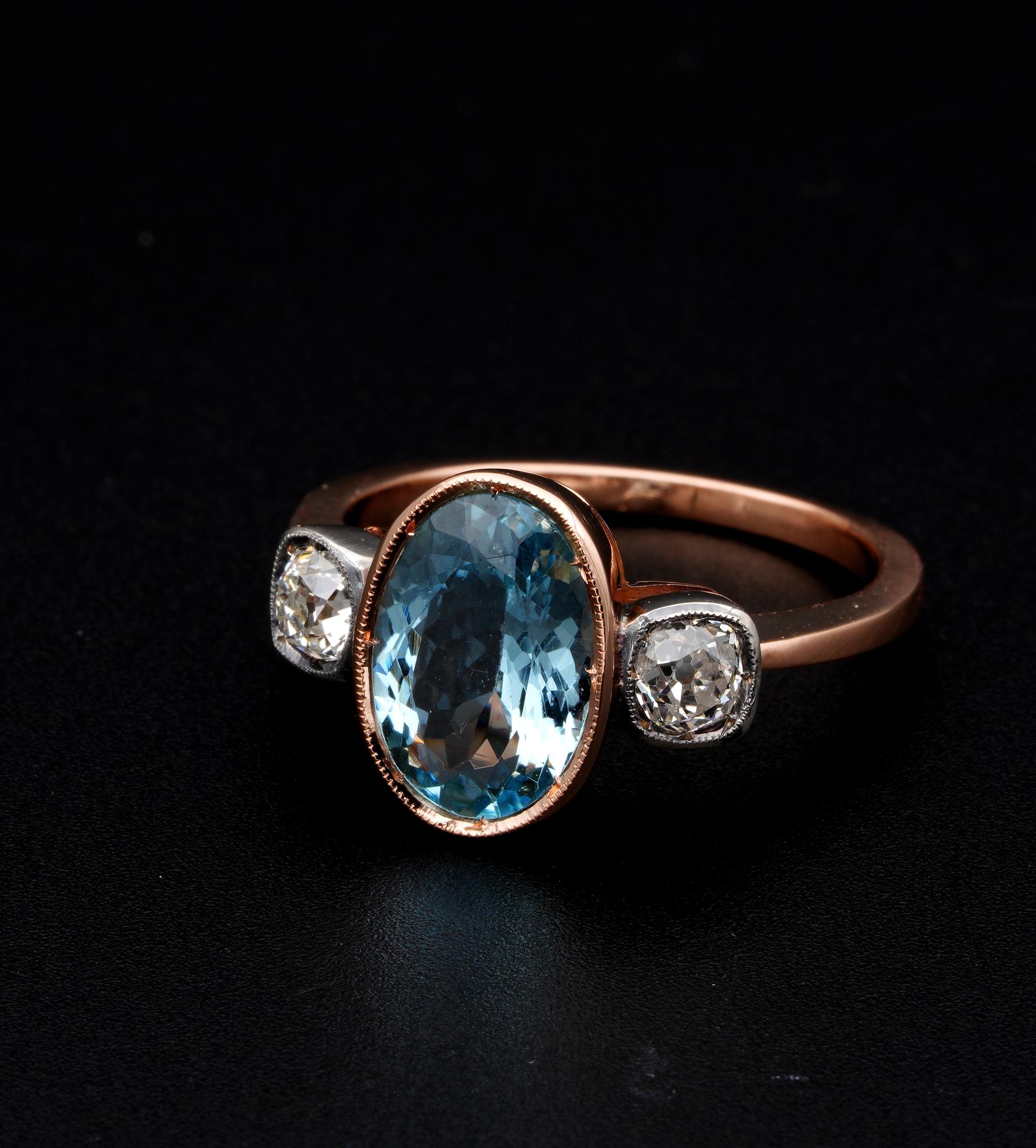 Art Deco Style 3.00 Ct Natural Aquamarine .50 Ct Old Mine Diamond Trilogy Ring For Sale 1
