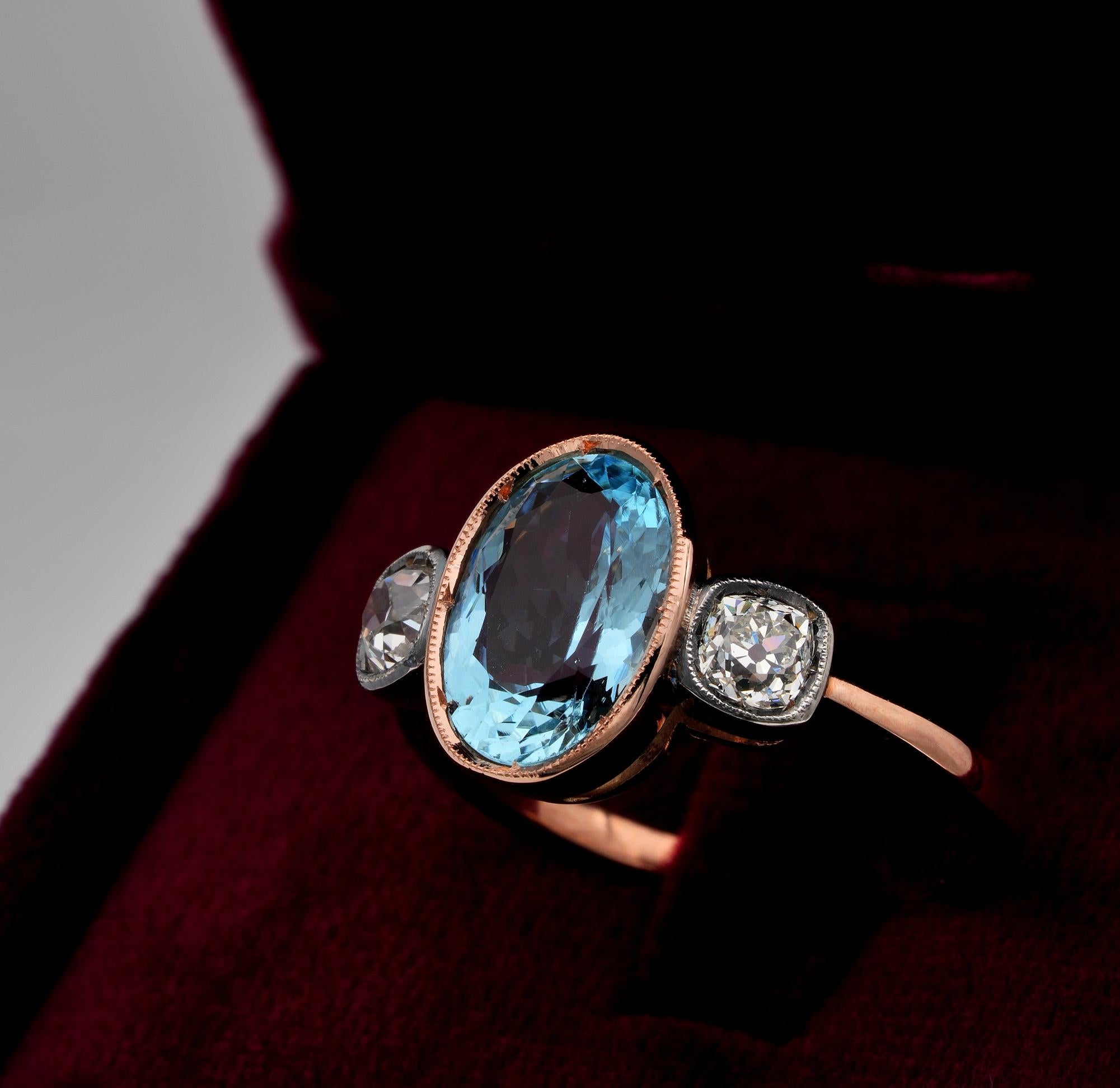 Art Deco Style 3.00 Ct Natural Aquamarine .50 Ct Old Mine Diamond Trilogy Ring For Sale 2