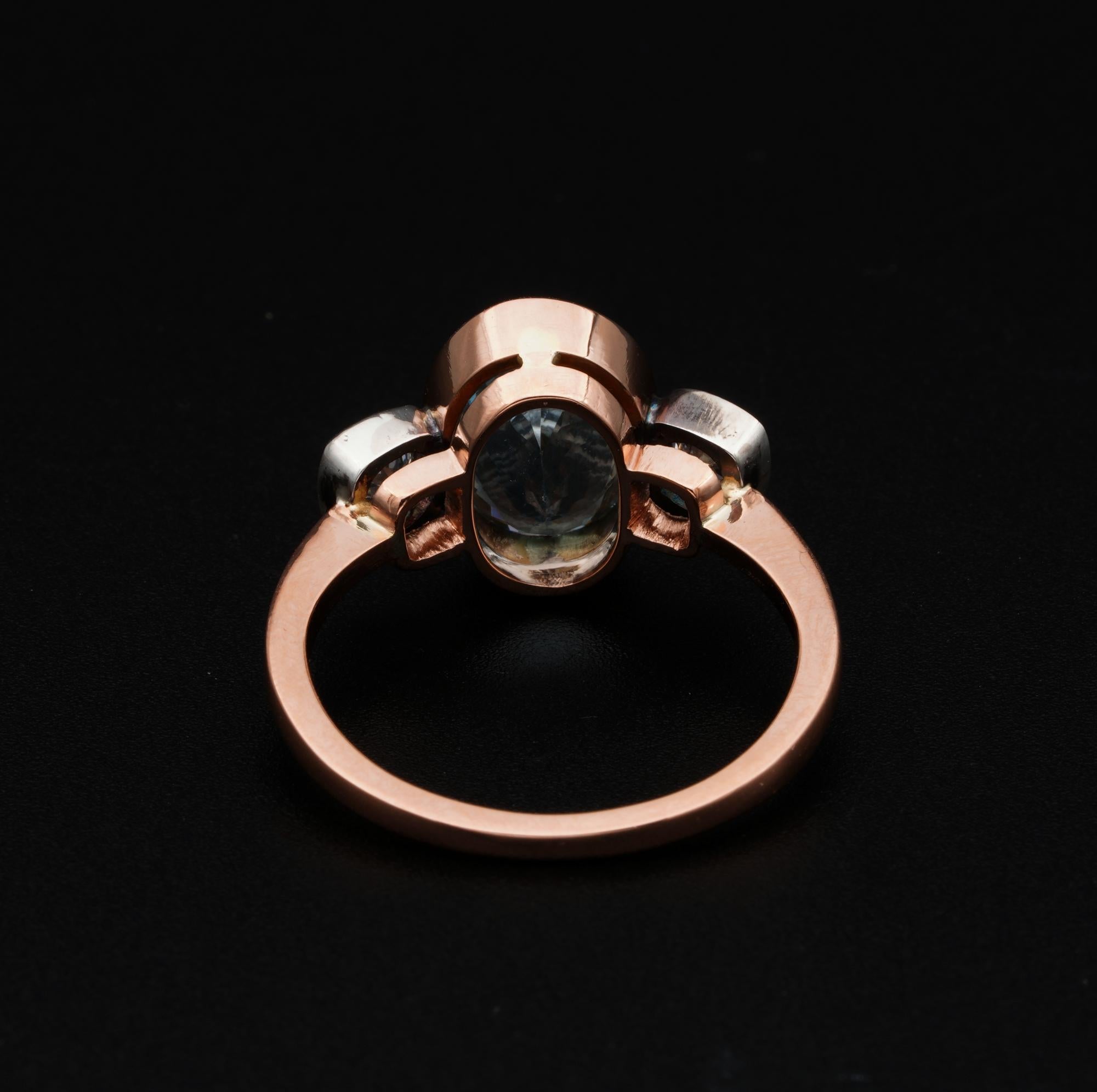 Art Deco Style 3.00 Ct Natural Aquamarine .50 Ct Old Mine Diamond Trilogy Ring For Sale 4