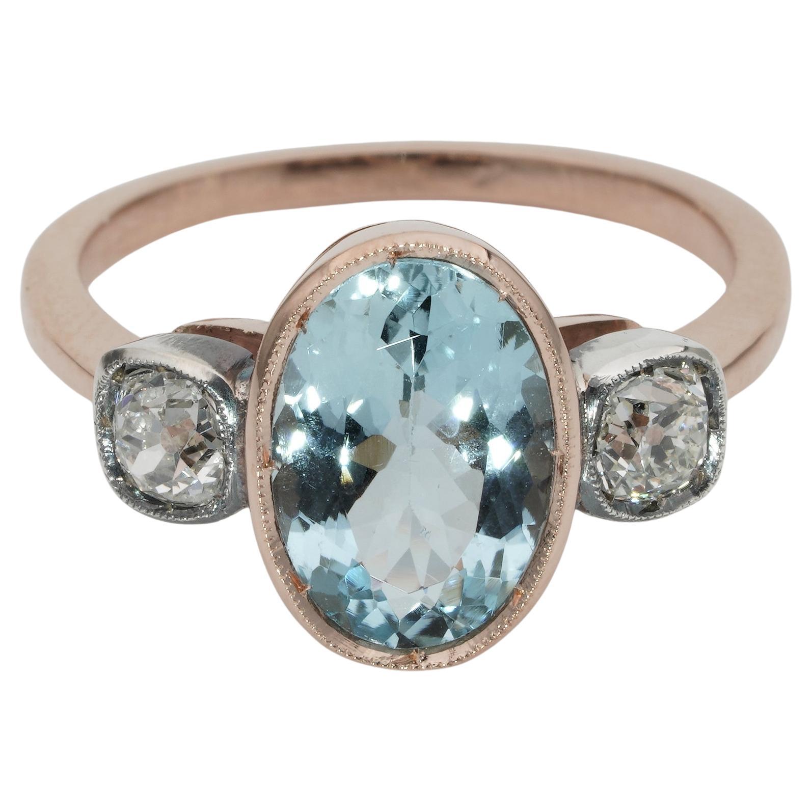 Art Deco Style 3.00 Ct Natural Aquamarine .50 Ct Old Mine Diamond Trilogy Ring For Sale