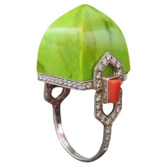 Art Deco Style  31 Carat Green Turquoise Pyramid 14K Gold Diamonds Cocktail Ring