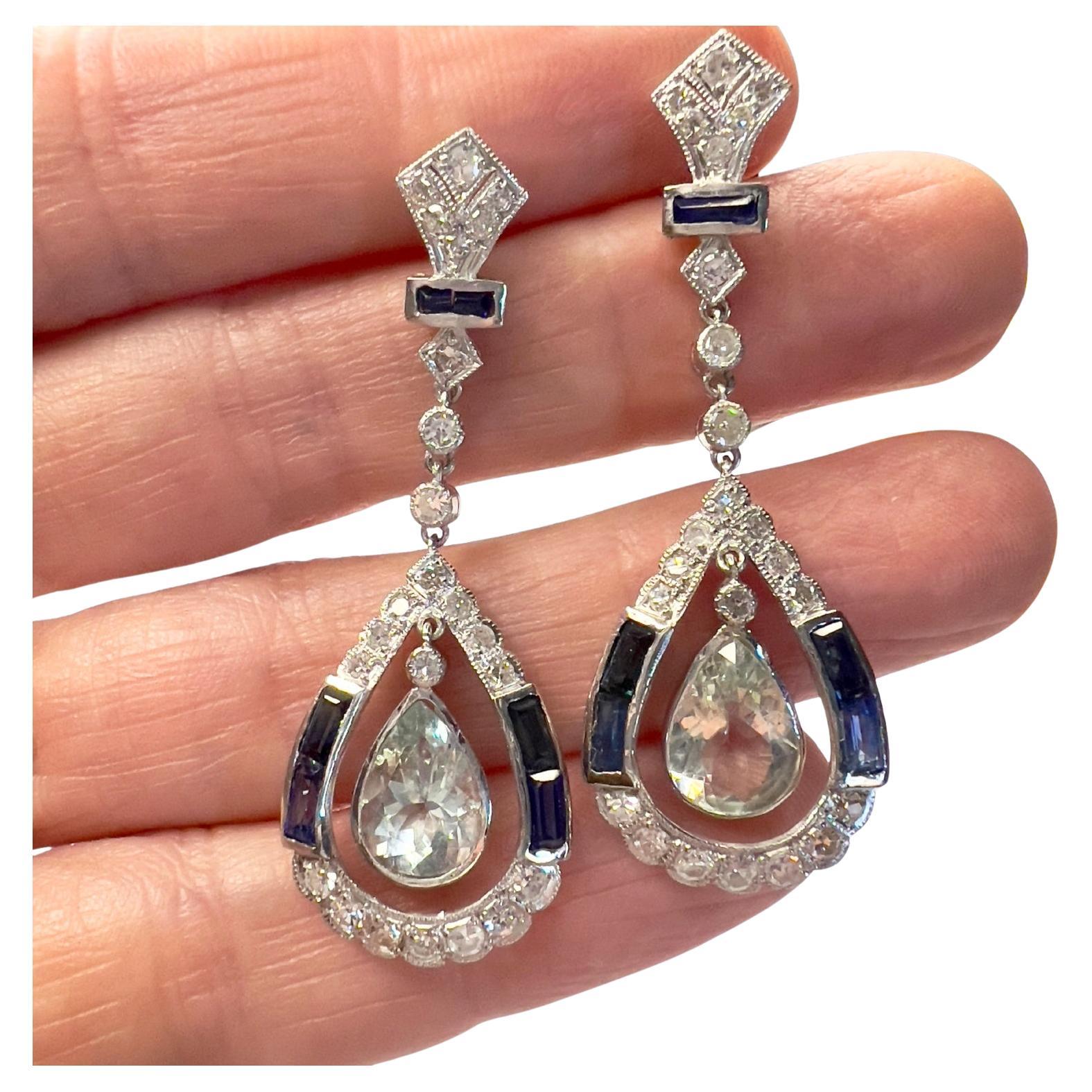 Art Deco Style  3.15 ct Aquamarines 1.50 ct Sapphires 1.04 ct Diamonds Earrings
