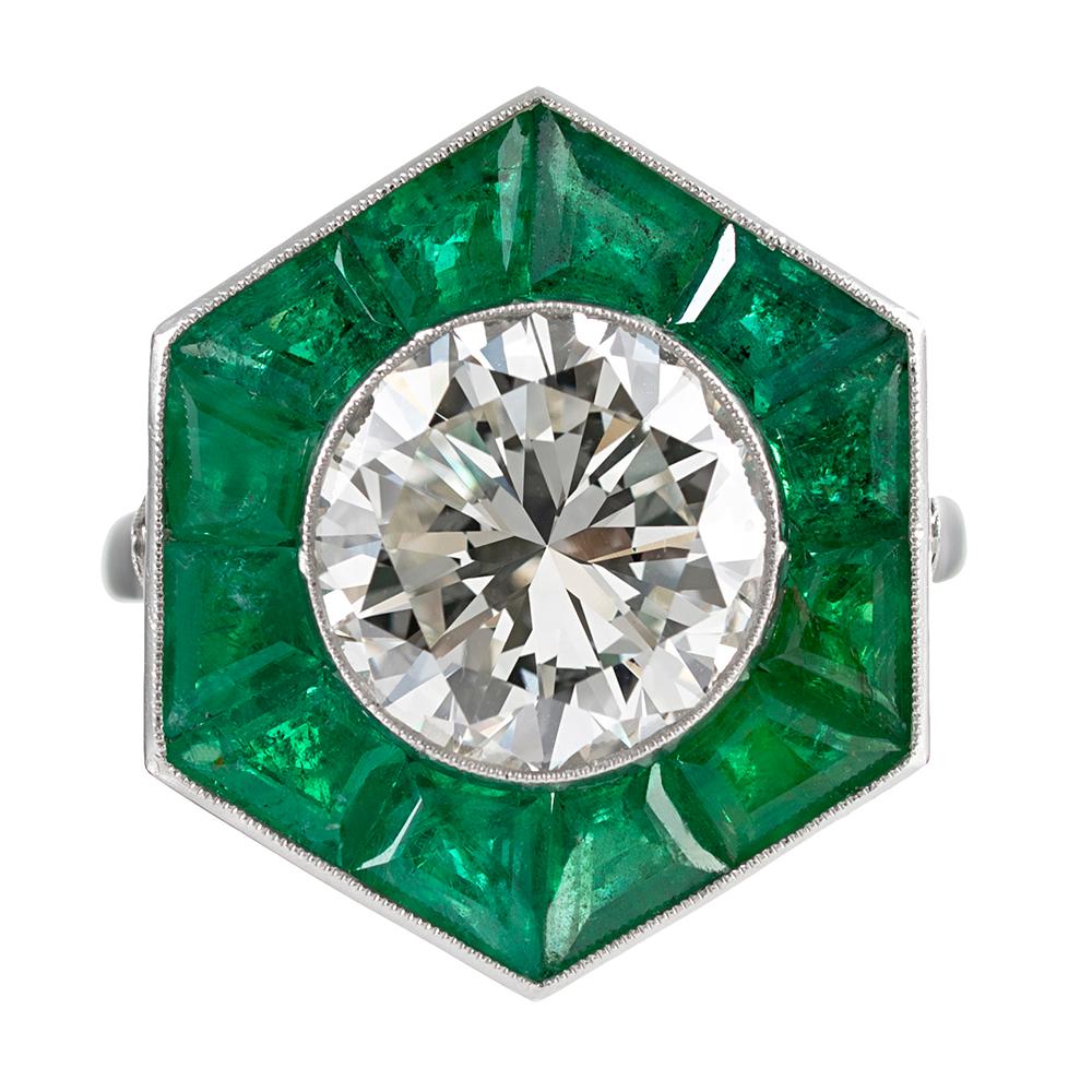 Art Deco Style 3.24 Carat Diamond Ring with Emerald Trim