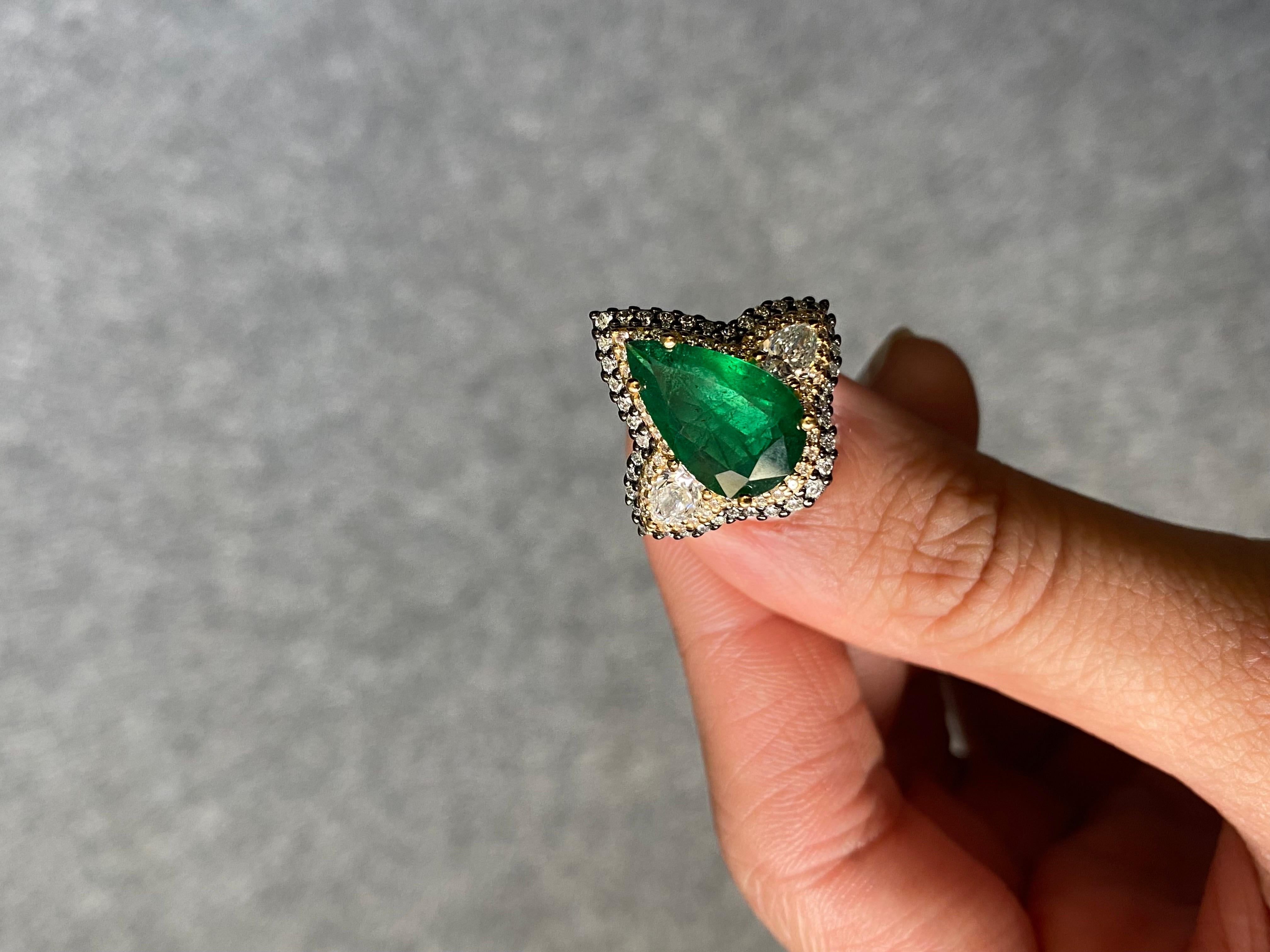 Pear Cut Art Deco Style 3.28ctw Pear Shape Zambian Emerald & Diamond Two Tone Gold Ring  For Sale