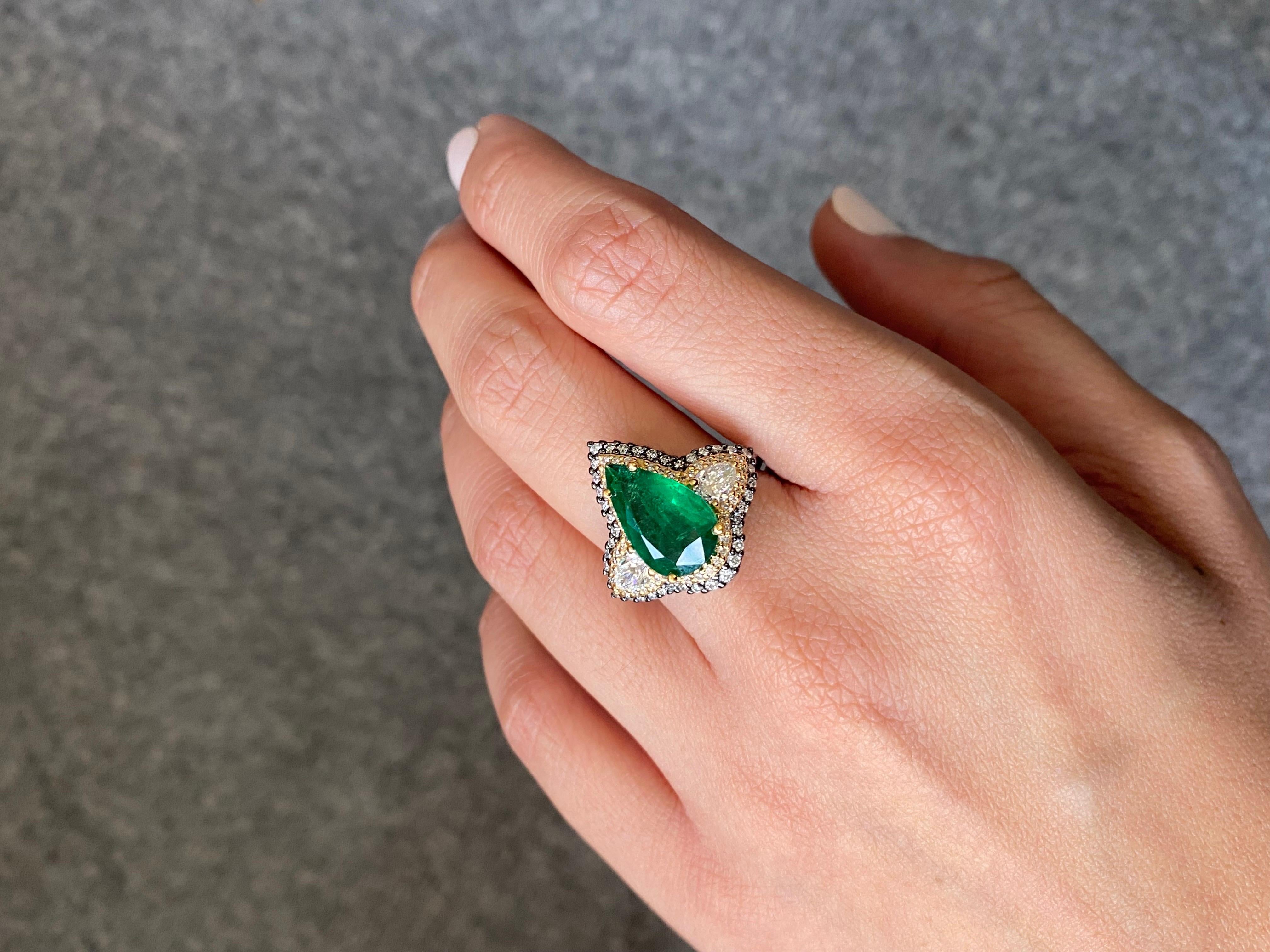 Women's Art Deco Style 3.28ctw Pear Shape Zambian Emerald & Diamond Two Tone Gold Ring  For Sale