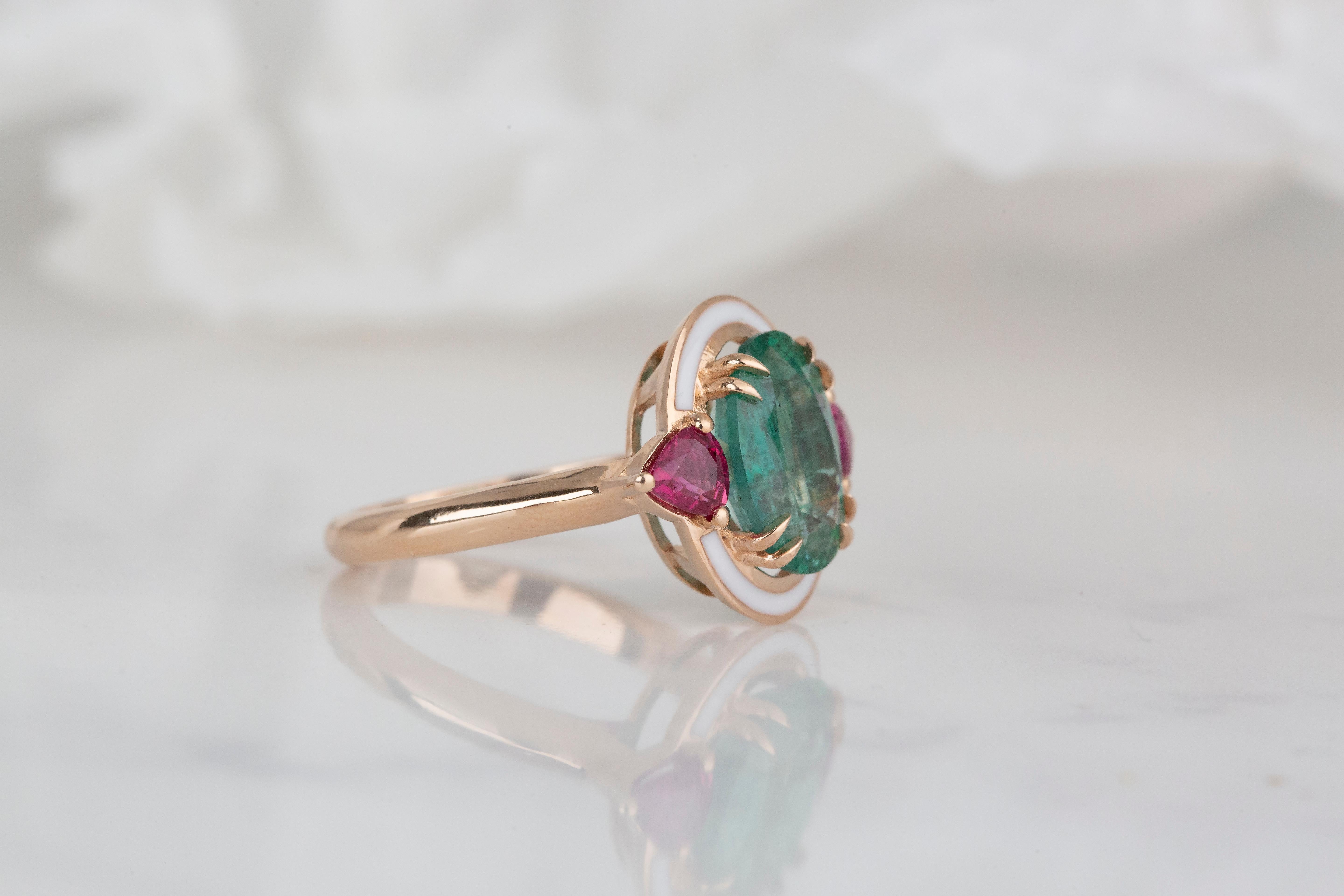 For Sale:  Art Deco Style 3.30 Ct Emerald and Ruby 14K Gold Cocktail Ring 7