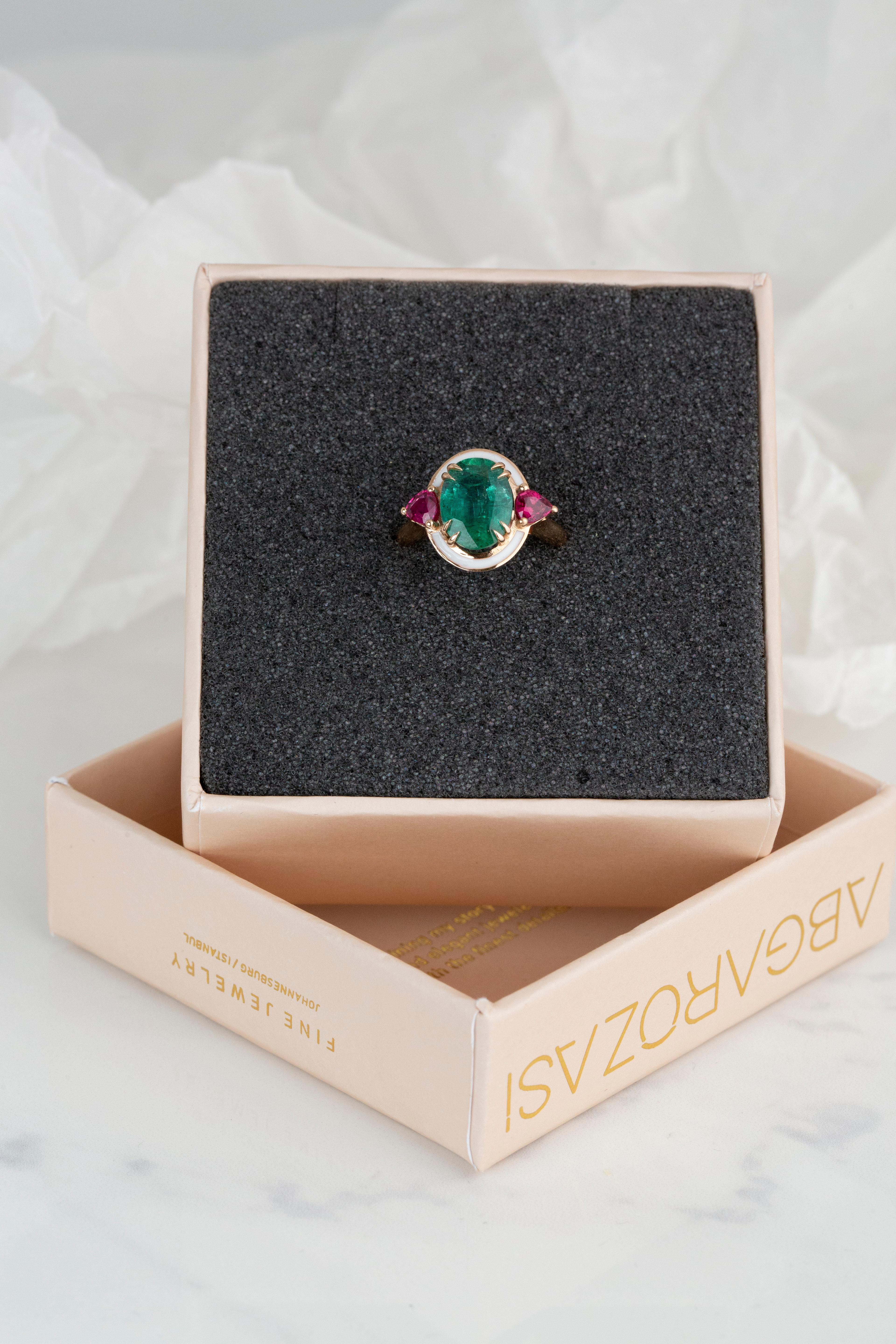 Art Deco Style 3.30 Ct Emerald and Ruby 14K Gold Cocktail Ring 9