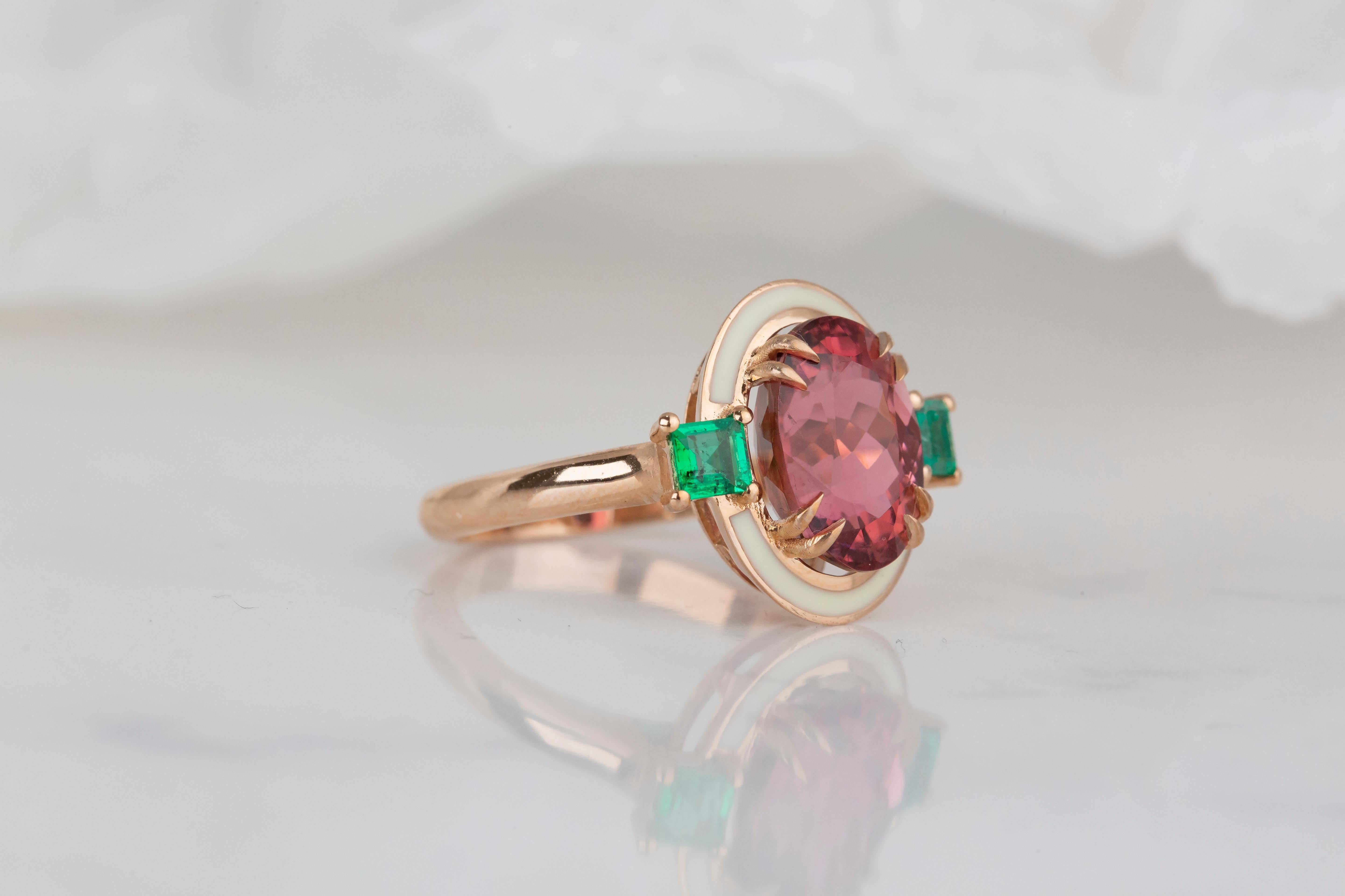 For Sale:  Art Deco Style 3.30 Ct Tourmaline and Emerald 14K Gold Cocktail Ring 7