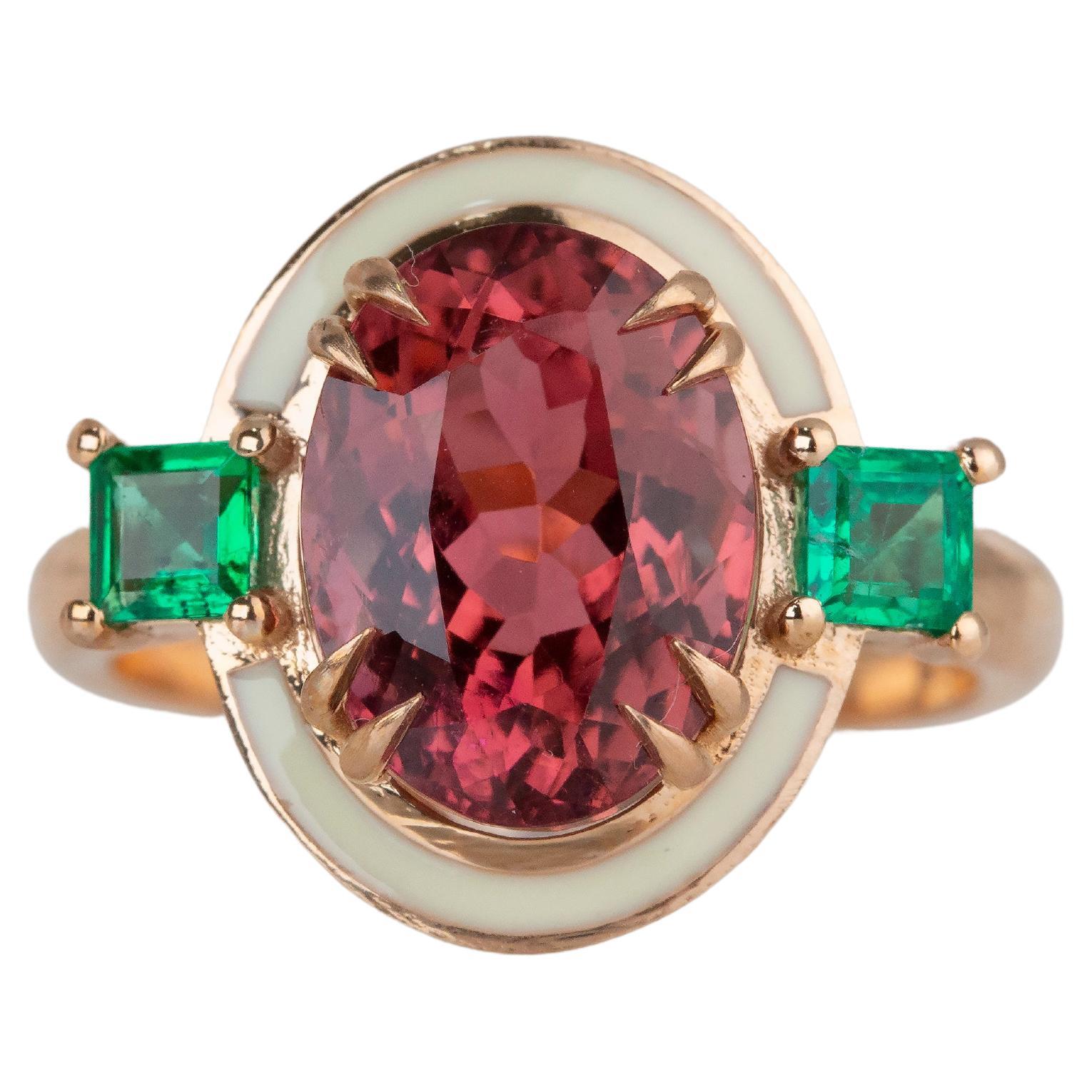 Art Deco Stil 3,30 Karat Turmalin und Smaragd 14K Gold Cocktail Ring ()