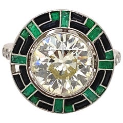 Art Deco Style 3.32 Carat Round Diamond with Emerald 
Onyx Ring Platinum