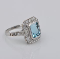 Art Deco Style 3.40 Ct Aquamarine 1.10 Ct Diamond 18 KT Ring