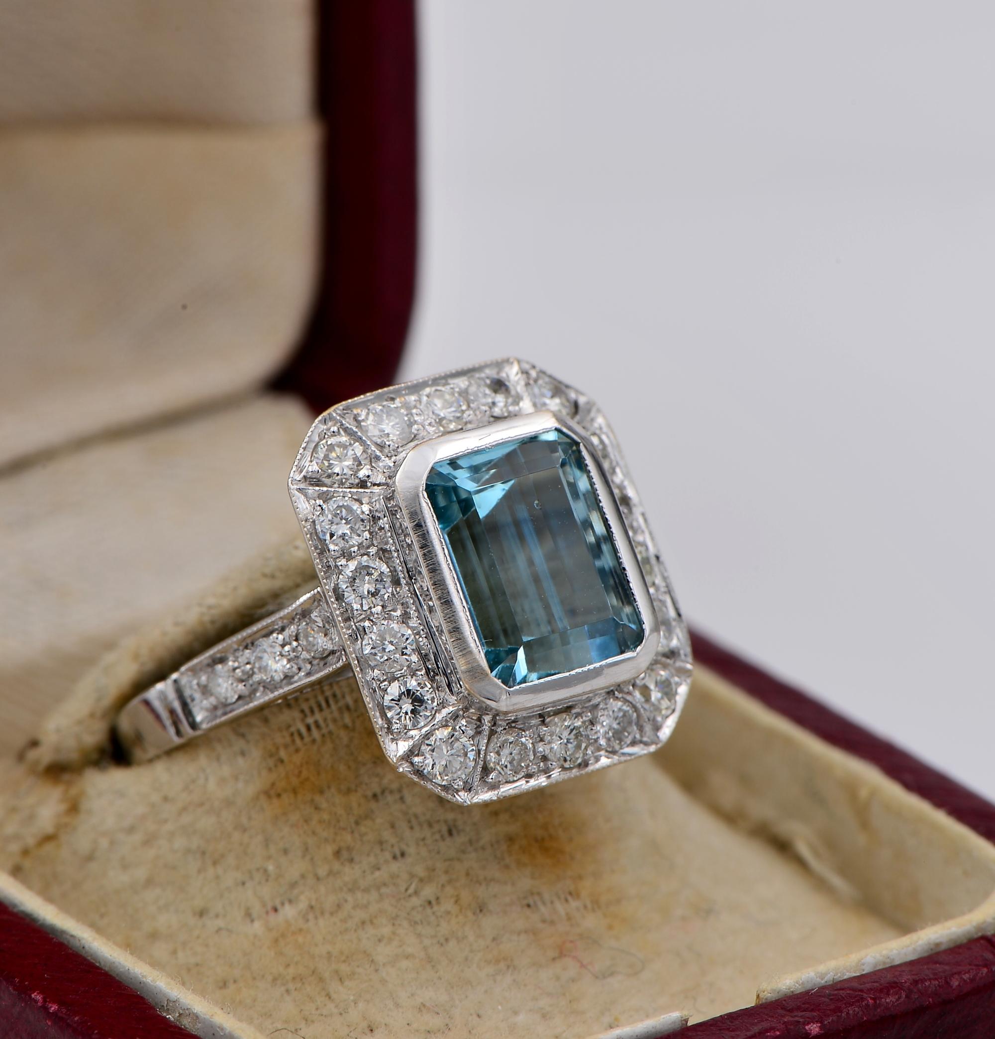Emerald Cut Art Deco Style 3.40 Ct Aquamarine 1.10 Ct Diamond 18 KT Ring For Sale