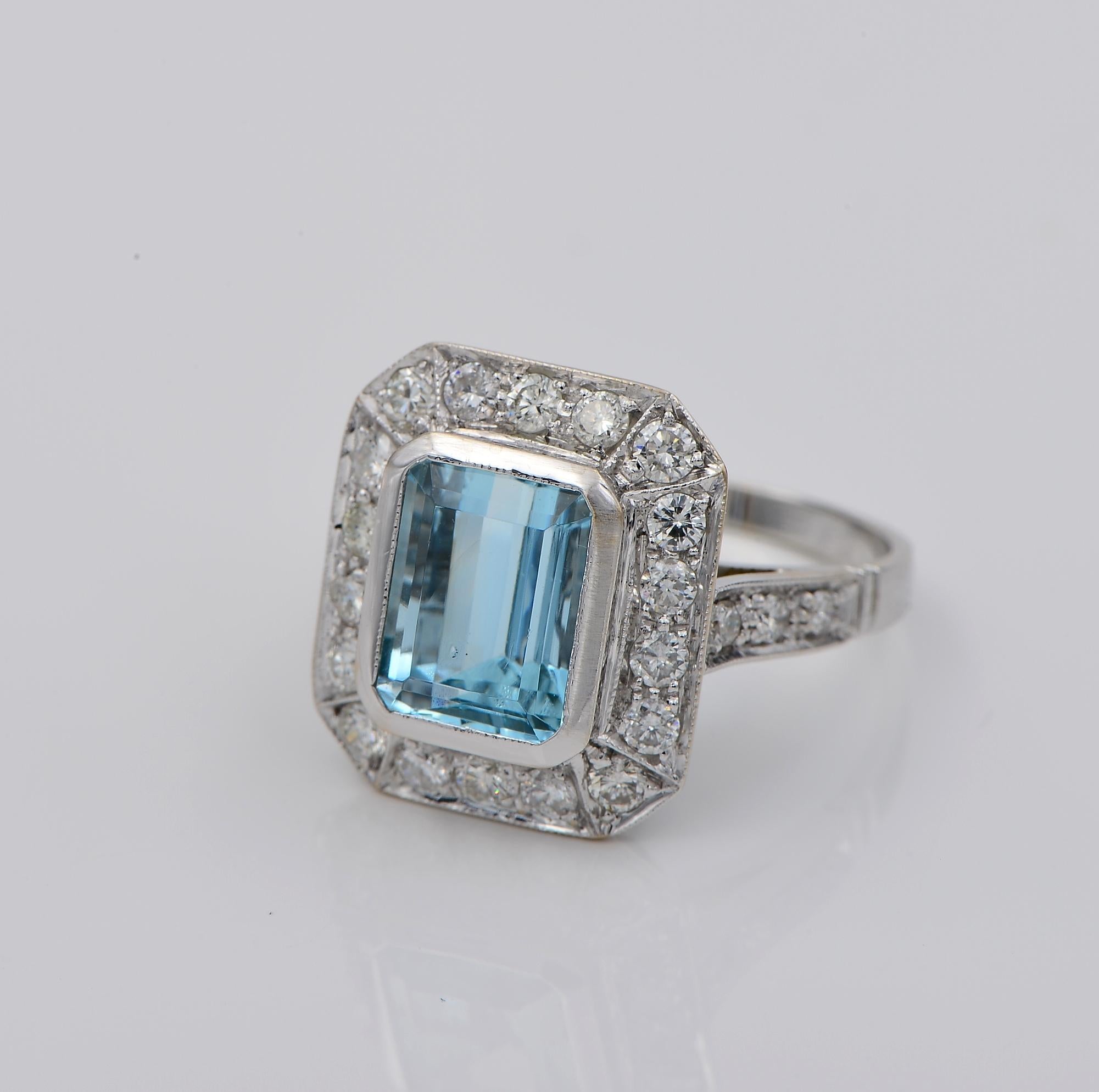 Art Deco Style 3.40 Ct Aquamarine 1.10 Ct Diamond 18 KT Ring In Good Condition For Sale In Napoli, IT