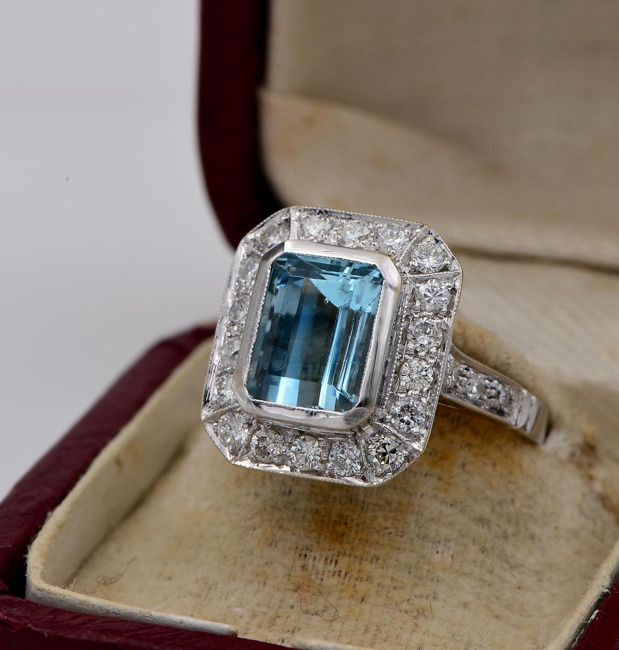 Women's Art Deco Style 3.40 Ct Aquamarine 1.10 Ct Diamond 18 KT Ring For Sale
