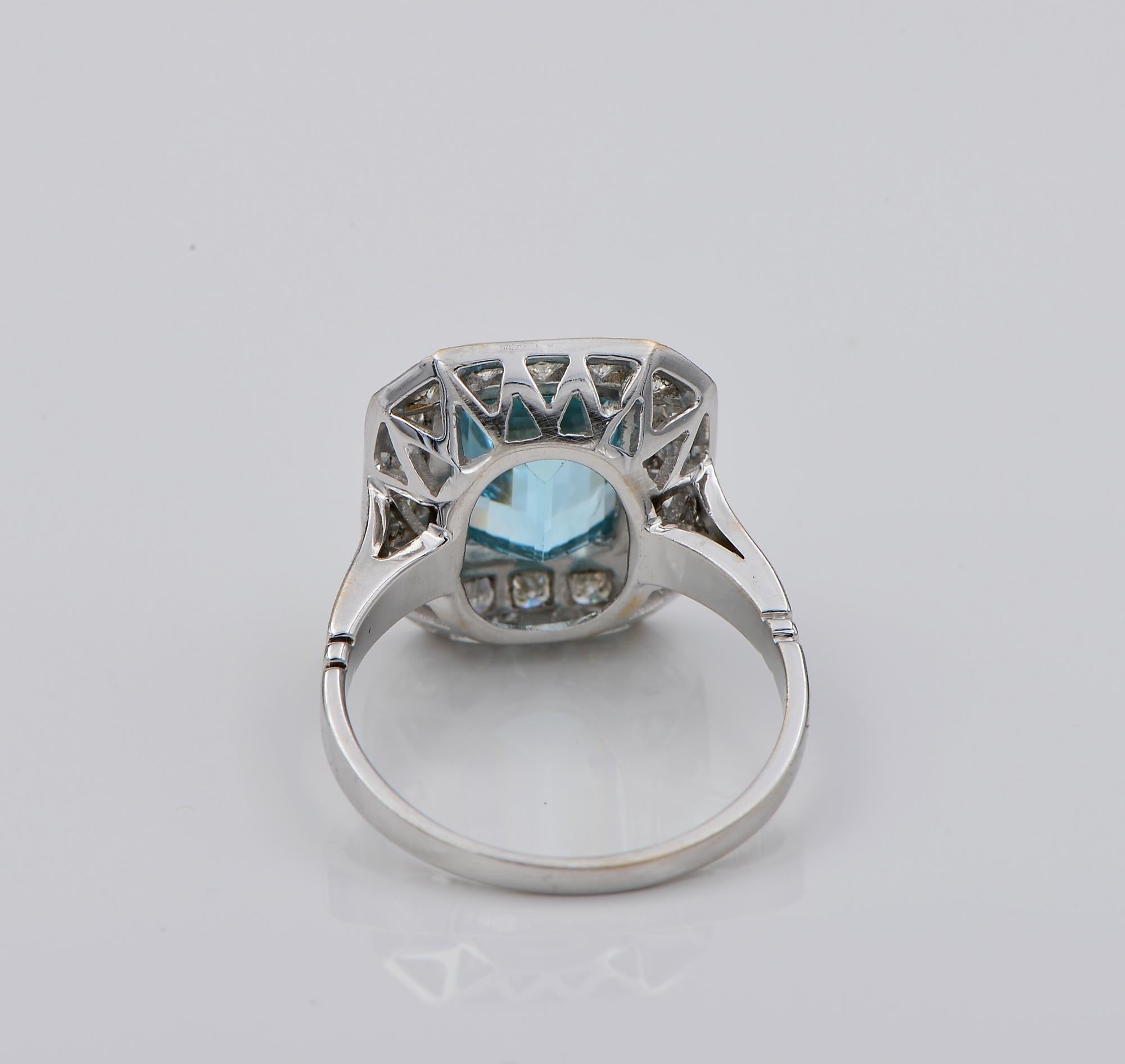 Art Deco Style 3.40 Ct Aquamarine 1.10 Ct Diamond 18 KT Ring For Sale 1