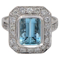Art Deco Style 3.40 Ct Aquamarine 1.10 Ct Diamond 18 KT Ring