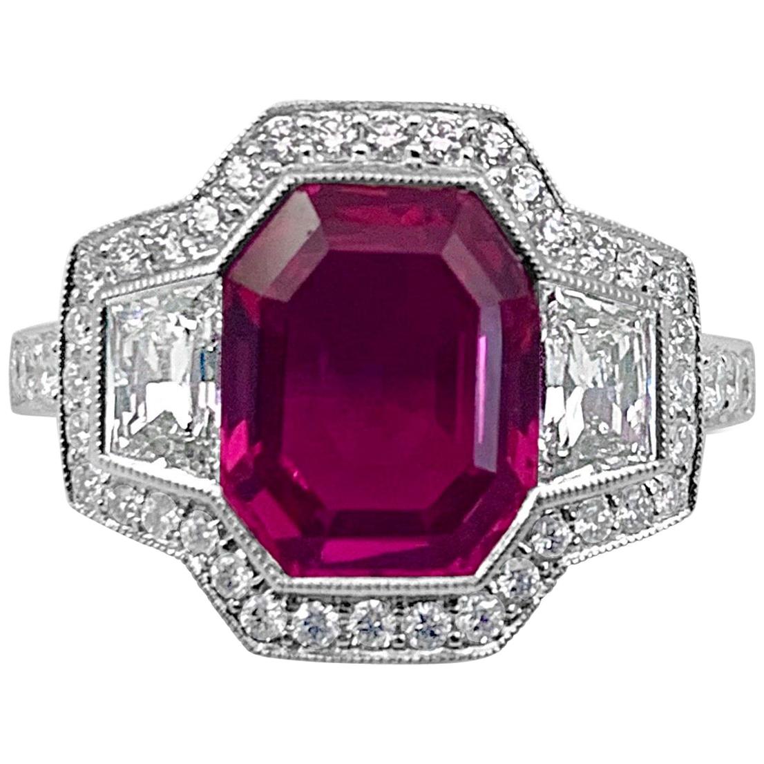 An extremely rare and fine quality 3.40 carat pink sapphire, The Audrey is a true collectors gem. An intense purplish pink sapphire is set in an elegant art deco style ring made in 18K white gold.

Ruby Details 
Shape	Rectangular,