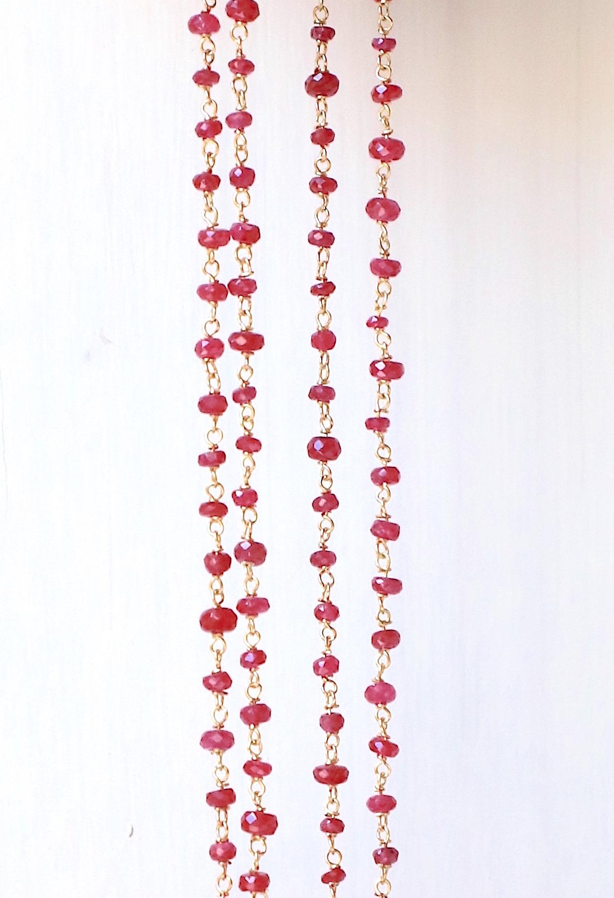 Art Deco Style 34.5 Karat Red Ruby 18 Karat Yellow Gold Links Beaded Necklace In New Condition For Sale In Rome, IT