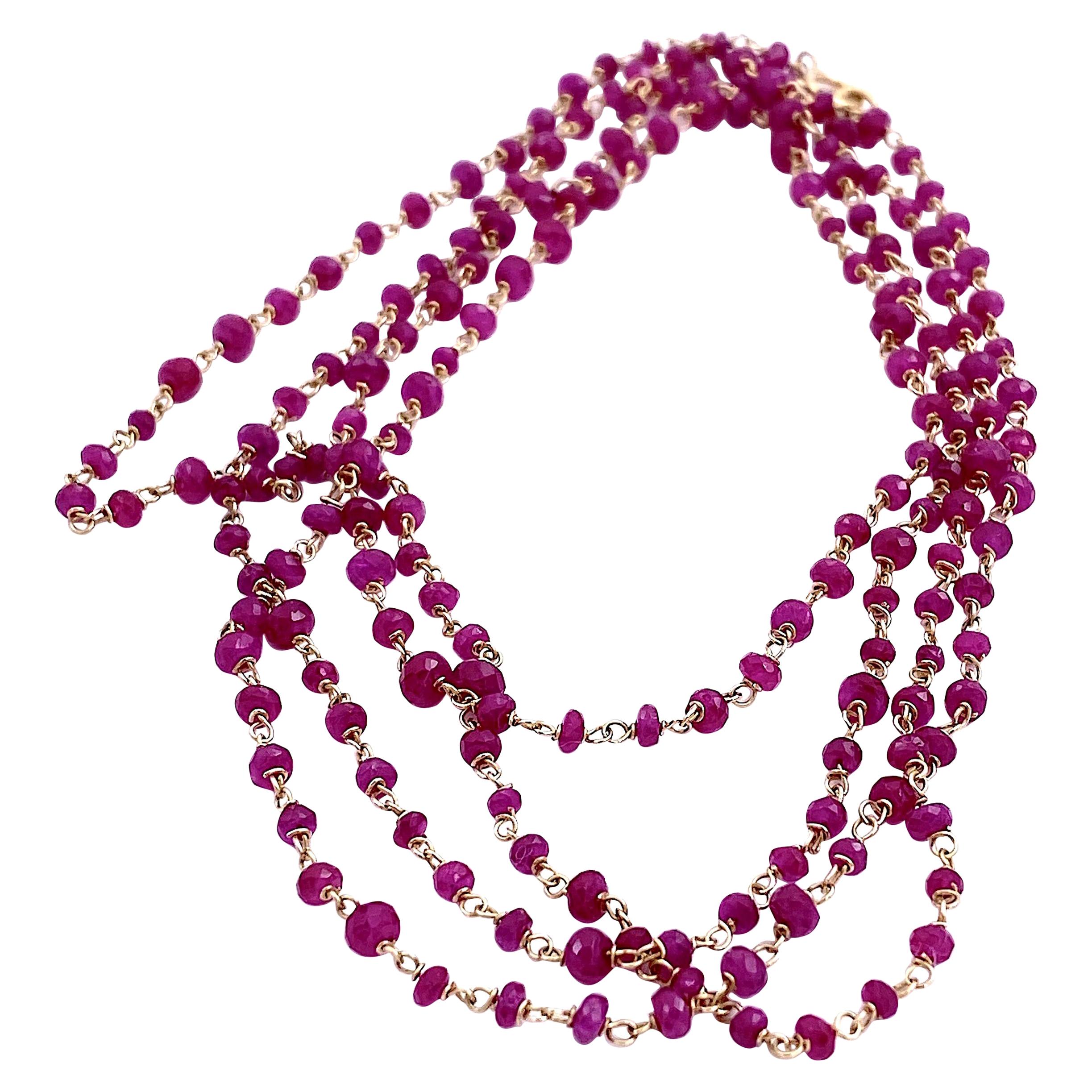 Art Deco Style 34.5 Karat Red Ruby 18 Karat Yellow Gold Links Beaded Necklace For Sale