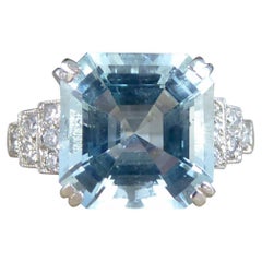 Used Art Deco Style 3.50ct Asscher Cut Aquamarine and Diamond Ring in Platinum