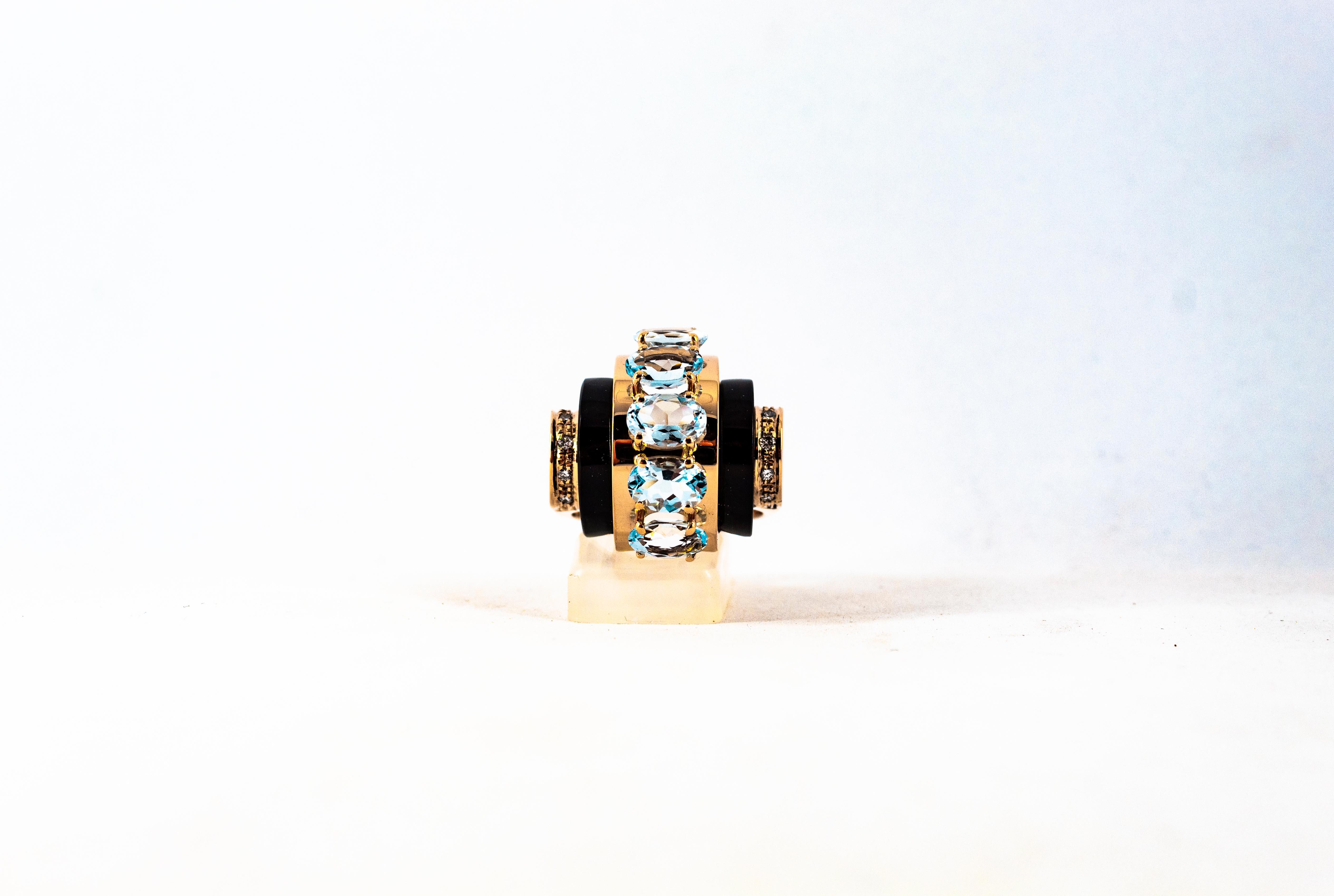 Art Deco Style 3.55 Carat White Diamond Aquamarine Onyx Yellow Gold Ring For Sale 5