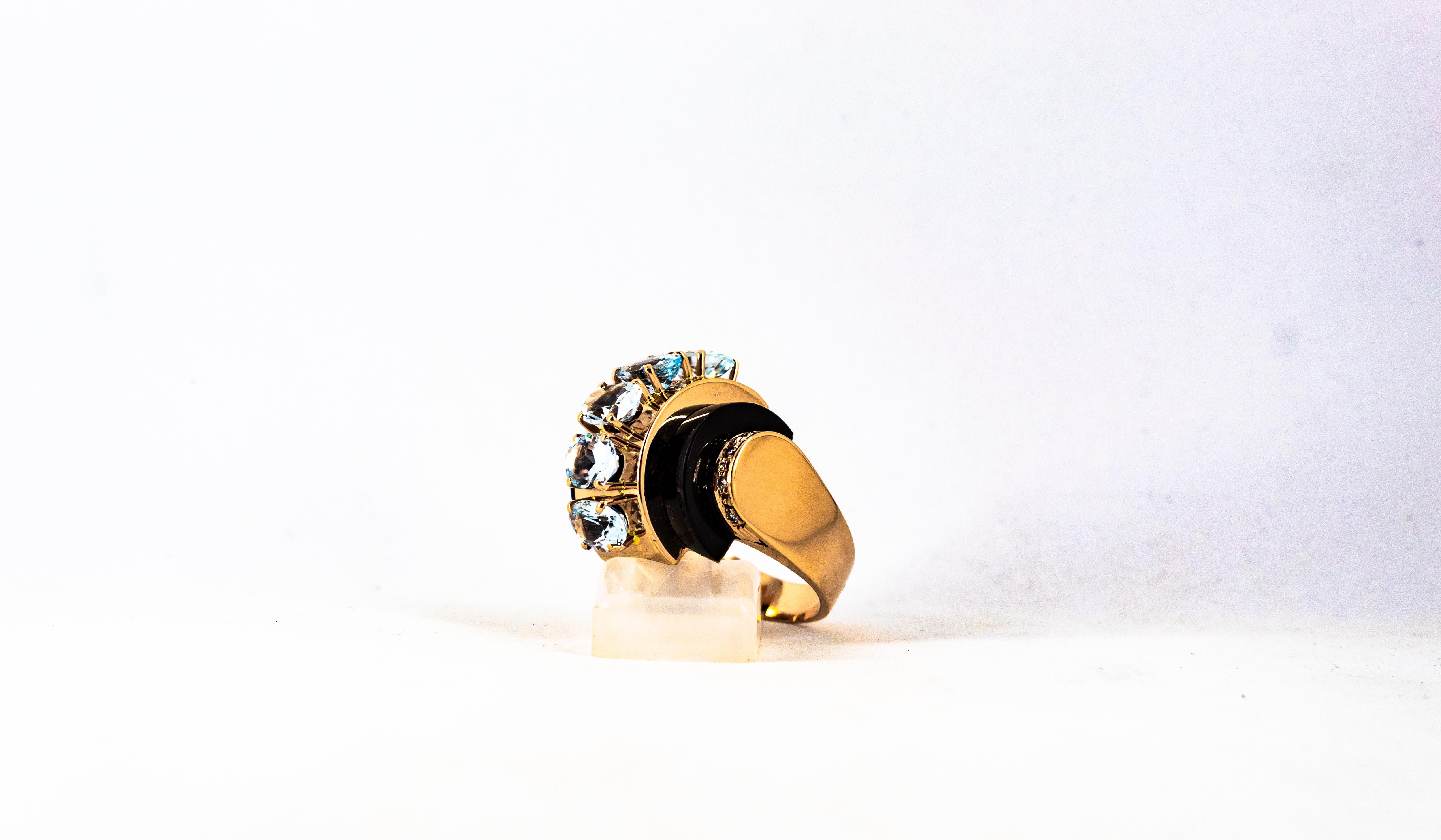 Art Deco Style 3.55 Carat White Diamond Aquamarine Onyx Yellow Gold Ring 6